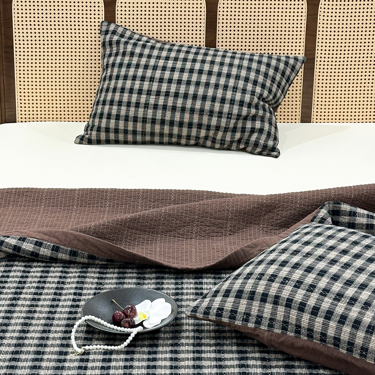 91家纺网 家纺一手货源 找家纺 床盖工厂店 2026新款双面水洗全棉填充棉花床盖三件套-重楼格系列 重楼黑