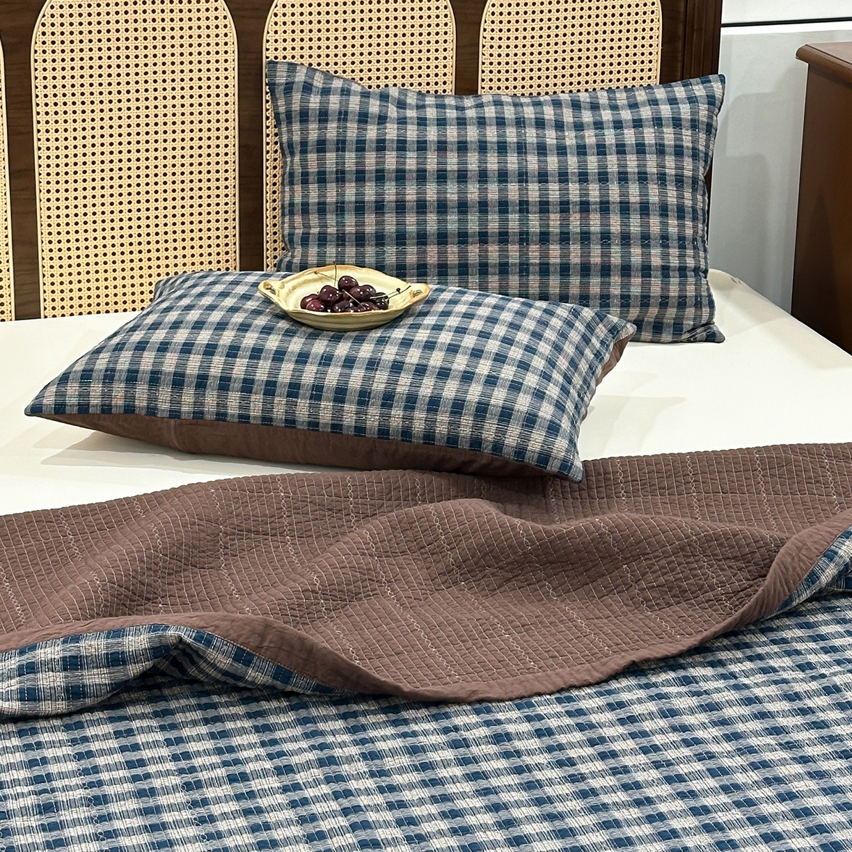 91家纺网 家纺一手货源 找家纺 床盖工厂店 2026新款双面水洗全棉填充棉花床盖三件套-重楼格系列 重楼兰