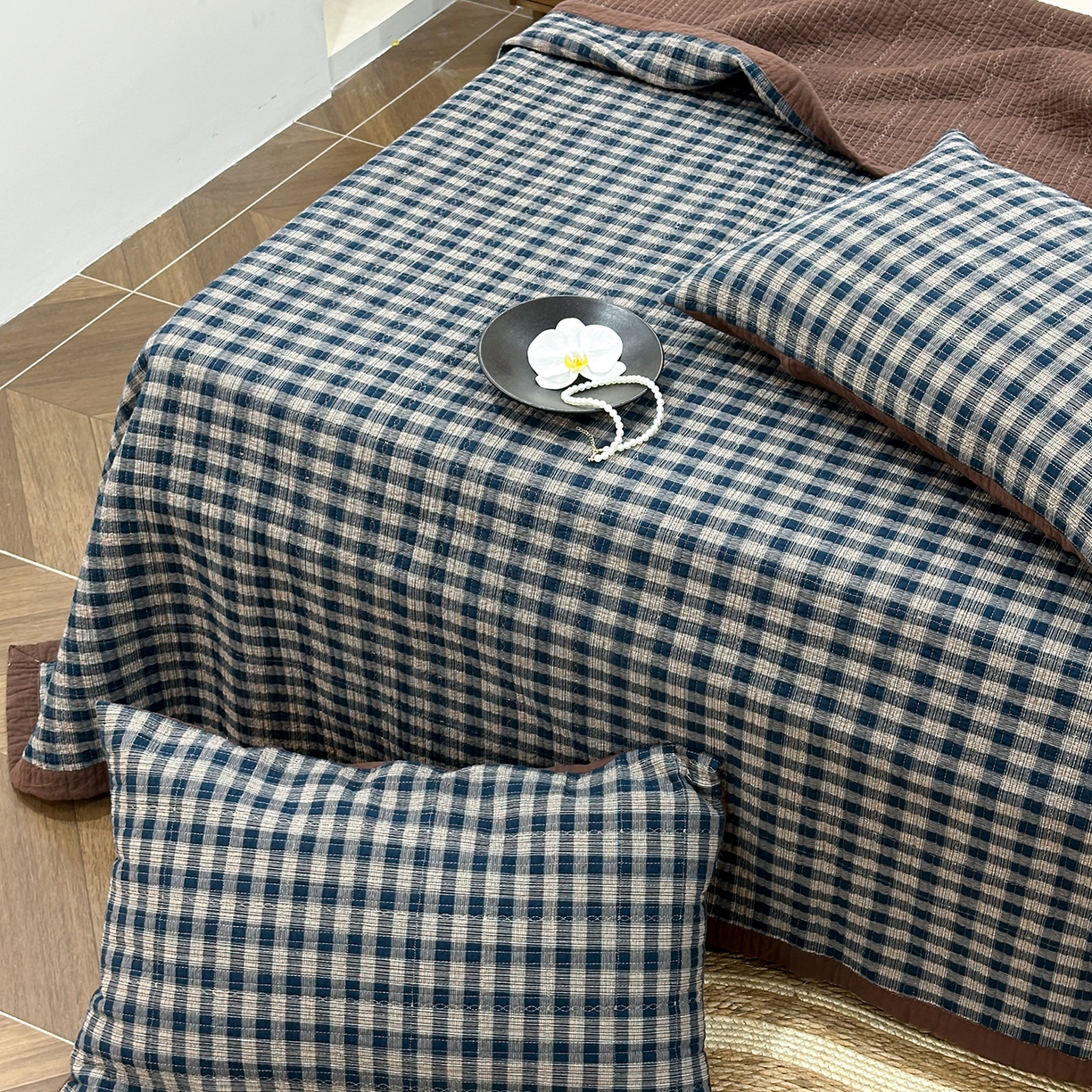 91家纺网 家纺一手货源 找家纺 床盖工厂店 2026新款双面水洗全棉填充棉花床盖三件套-重楼格系列 重楼兰