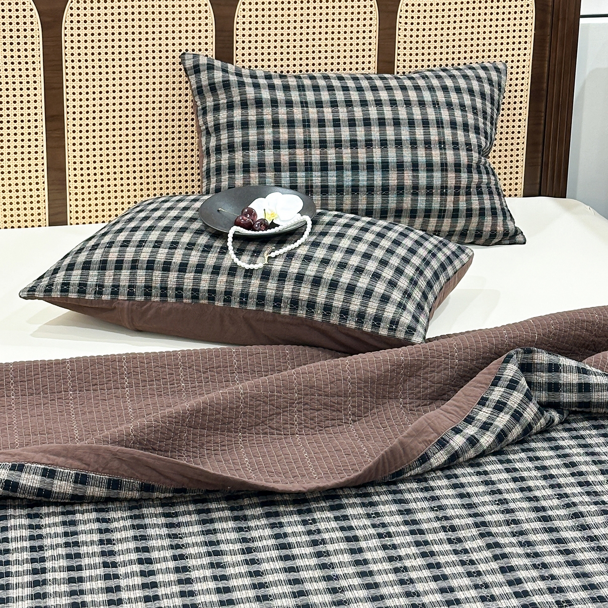 91家纺网 家纺一手货源 找家纺 床盖工厂店 2026新款双面水洗全棉填充棉花床盖三件套-重楼格系列 重楼黑