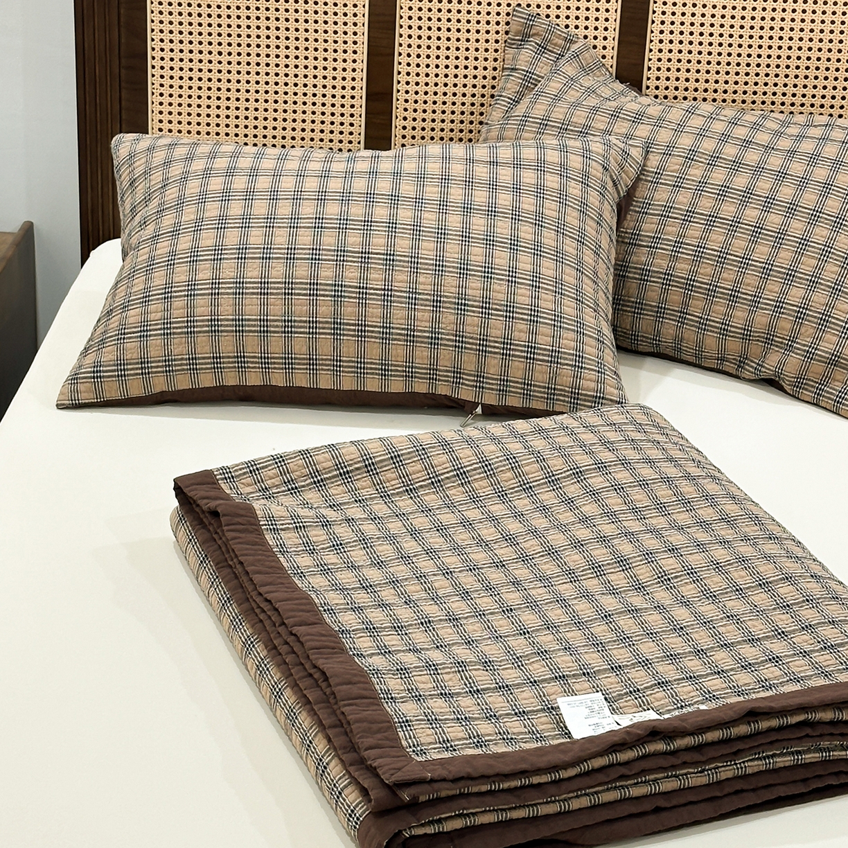 床盖工厂店 2026新款双面水洗全棉填充棉花床盖三件套-重楼格系列 重楼咖