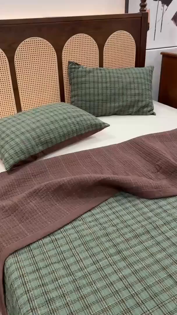 91家纺网 家纺一手货源 找家纺 床盖工厂店 2026新款双面水洗全棉填充棉花床盖三件套-重楼格系列 重楼绿