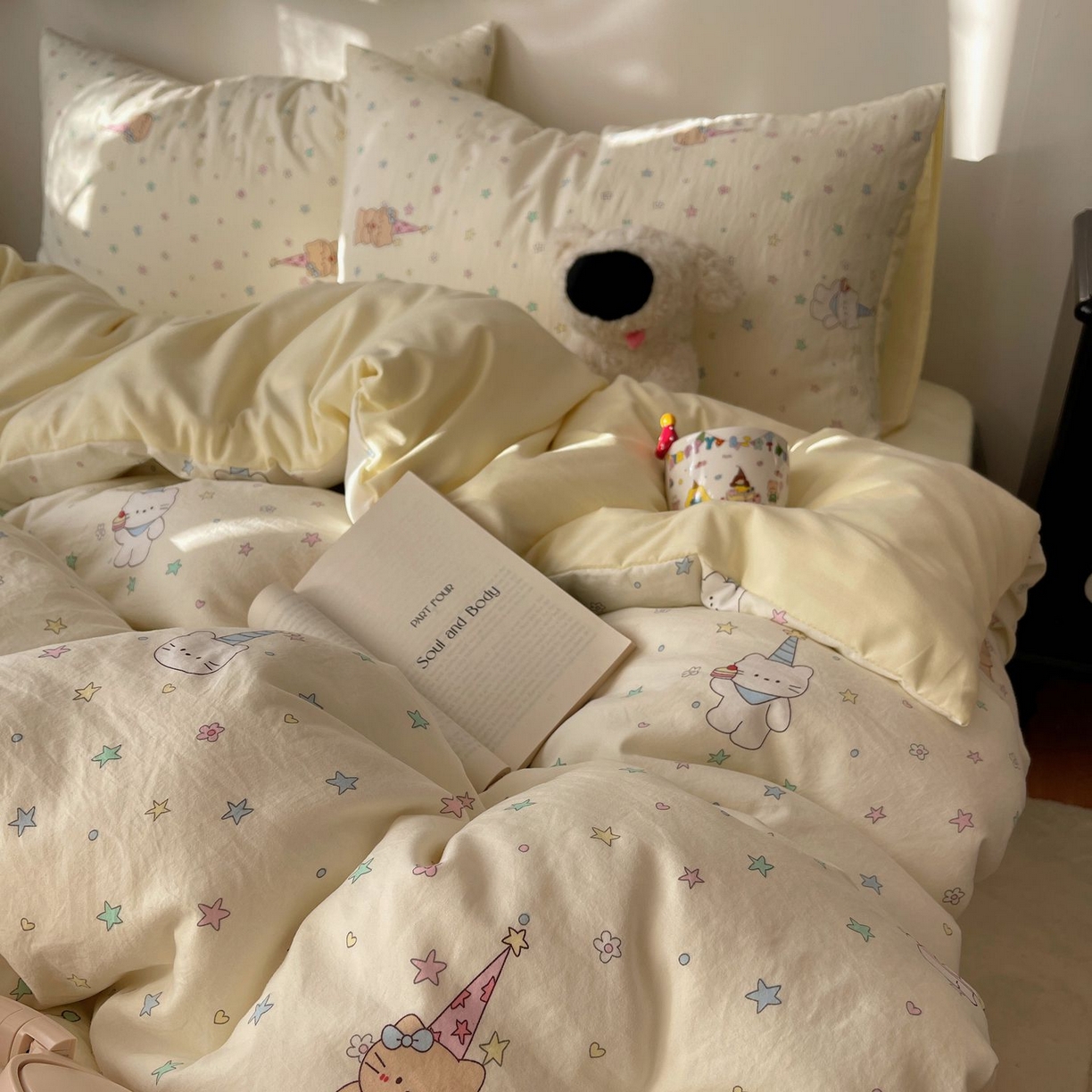 91家纺网 家纺一手货源 找家纺 初念 2026新款A类小清新古法简约水洗棉四件套 礼帽小猫