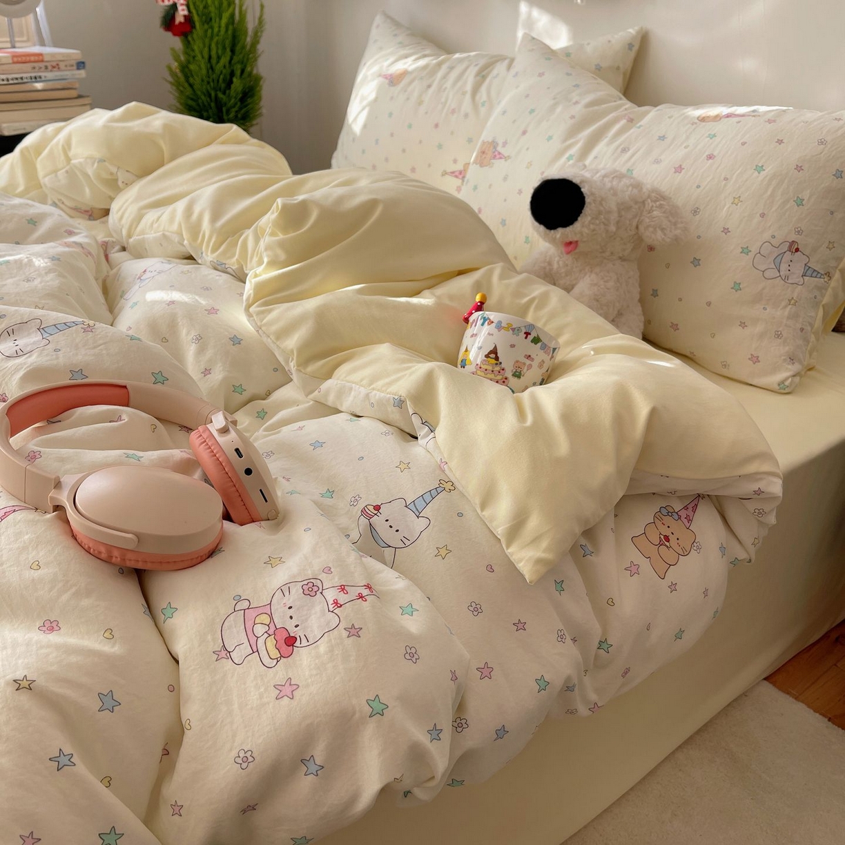 91家纺网 家纺一手货源 找家纺 初念 2026新款A类小清新古法简约水洗棉四件套 礼帽小猫