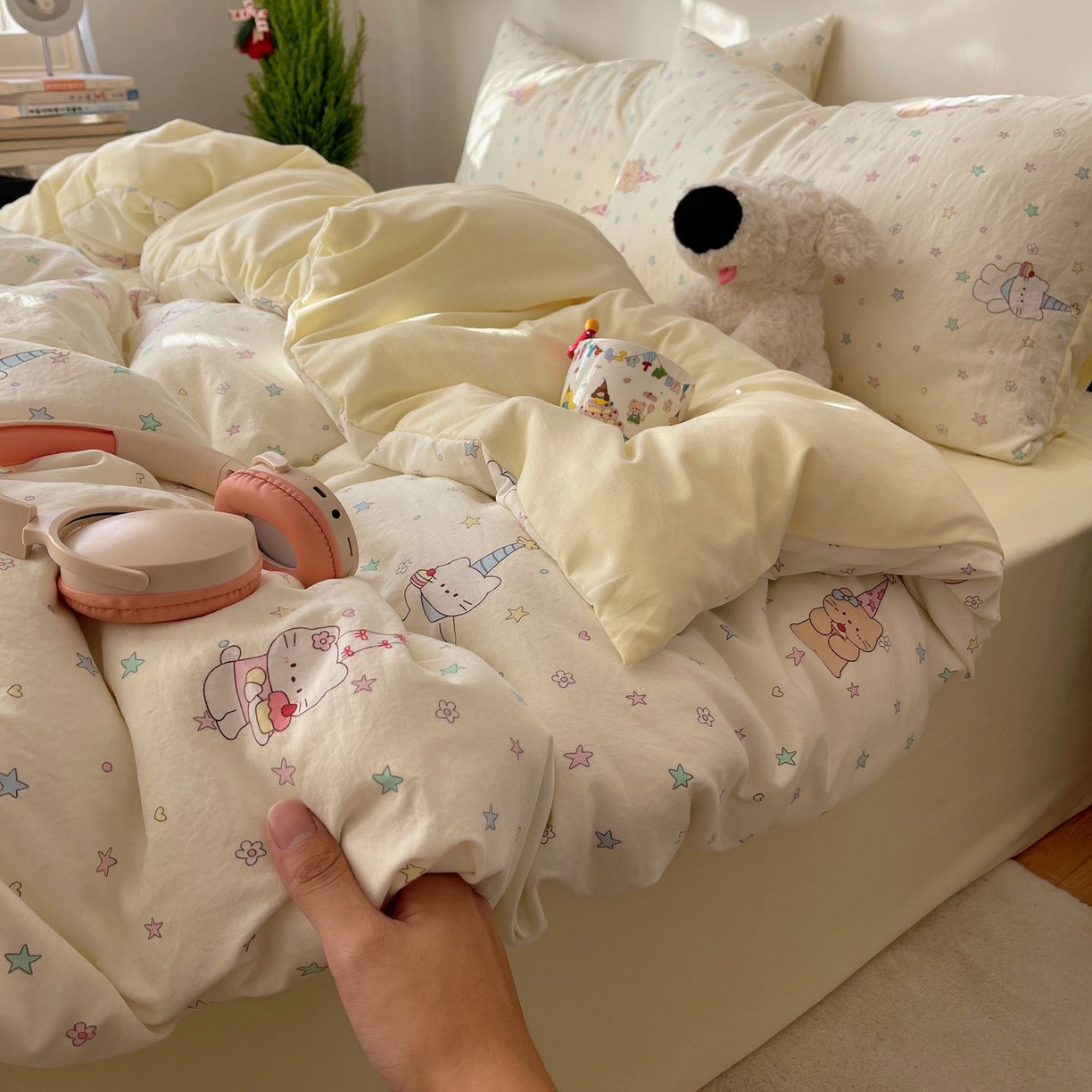 91家纺网 家纺一手货源 找家纺 初念 2026新款A类小清新古法简约水洗棉四件套 礼帽小猫