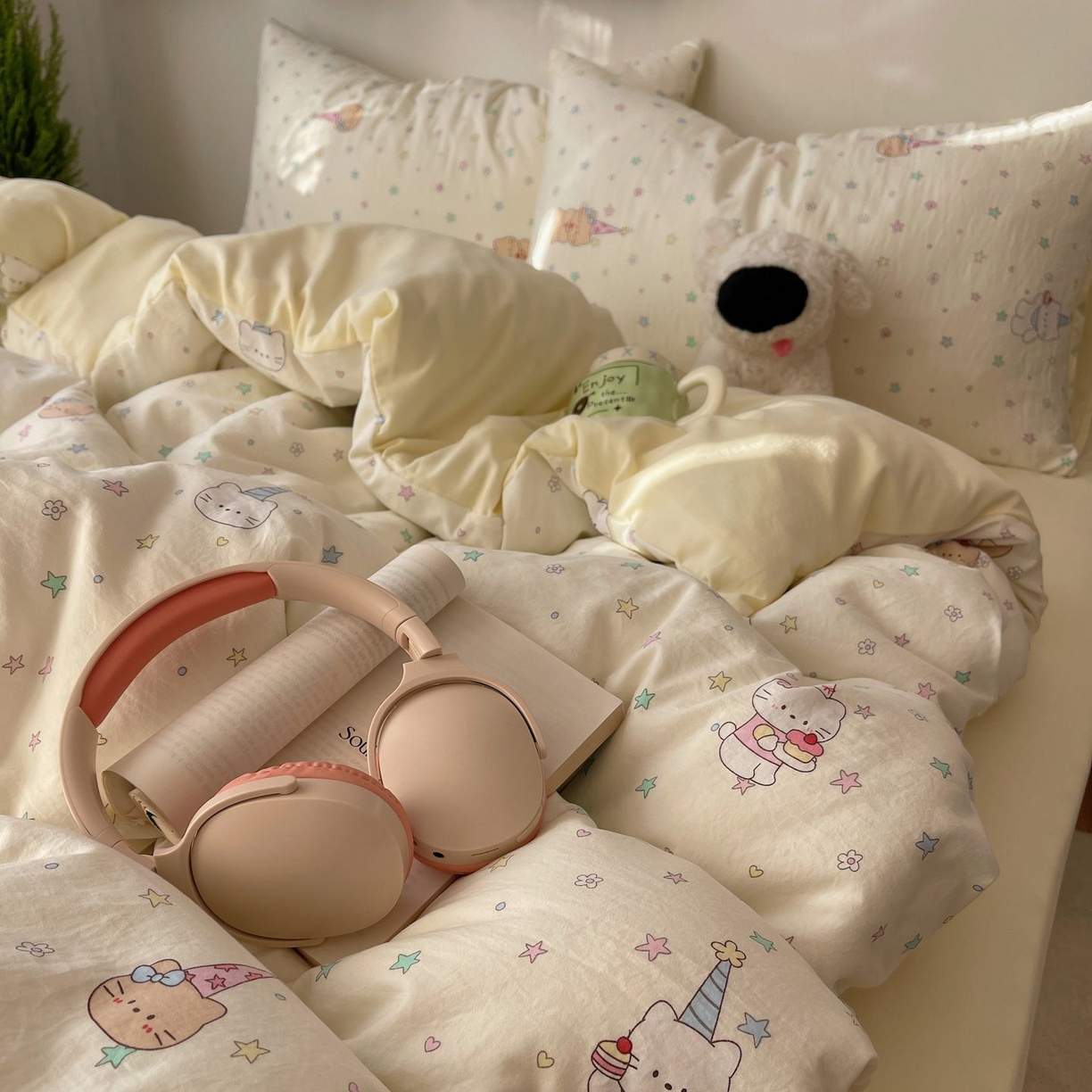 91家纺网 家纺一手货源 找家纺 初念 2026新款A类小清新古法简约水洗棉四件套 礼帽小猫