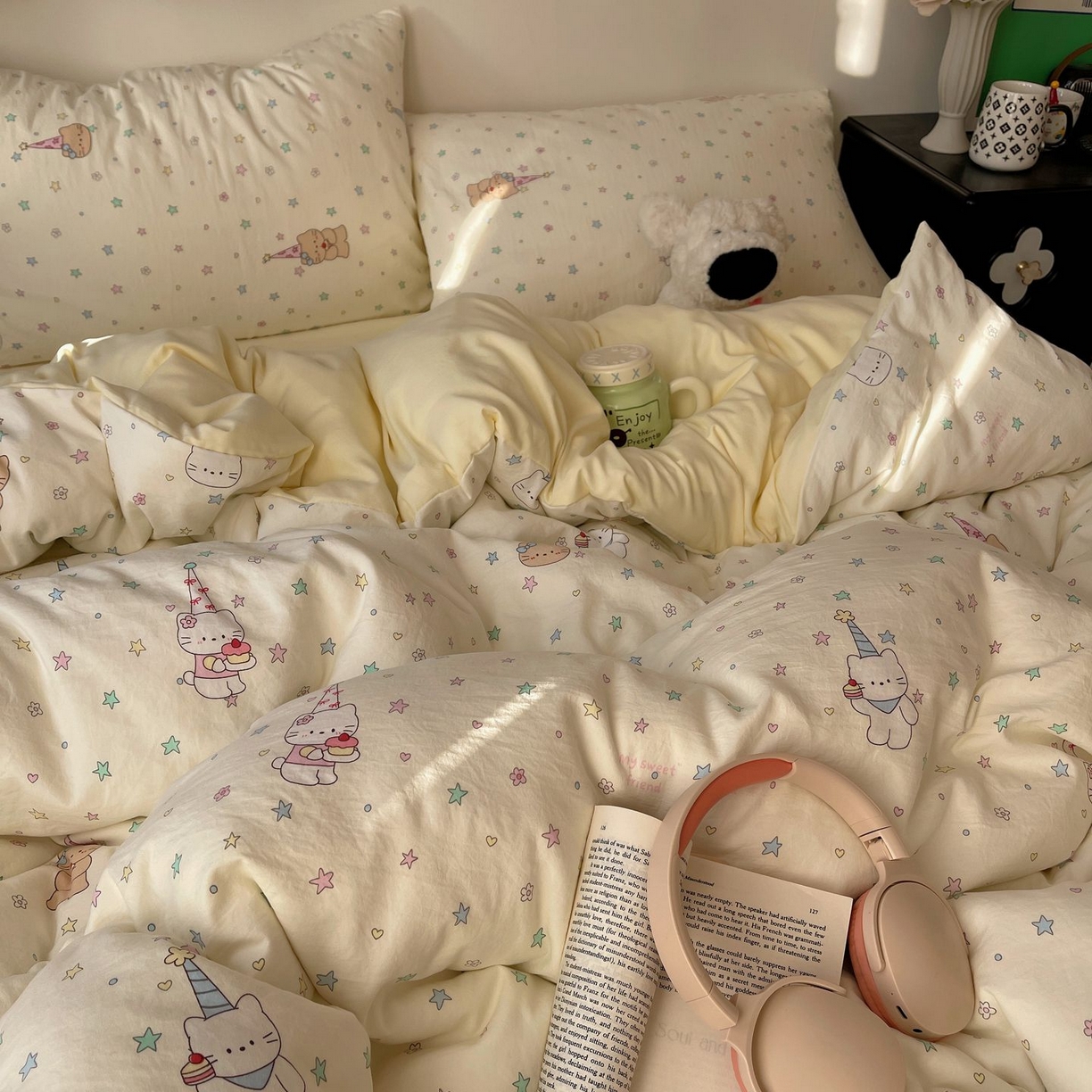 91家纺网 家纺一手货源 找家纺 初念 2026新款A类小清新古法简约水洗棉四件套 礼帽小猫