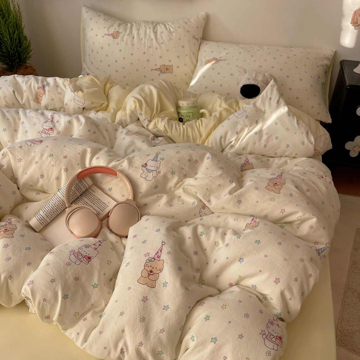 91家纺网 家纺一手货源 找家纺 初念 2026新款A类小清新古法简约水洗棉四件套 礼帽小猫