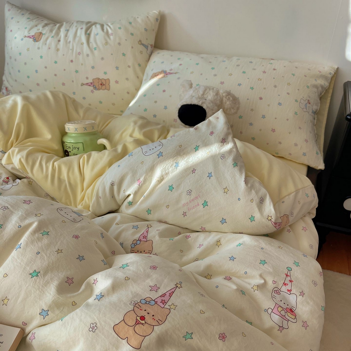 91家纺网 家纺一手货源 找家纺 初念 2026新款A类小清新古法简约水洗棉四件套 礼帽小猫