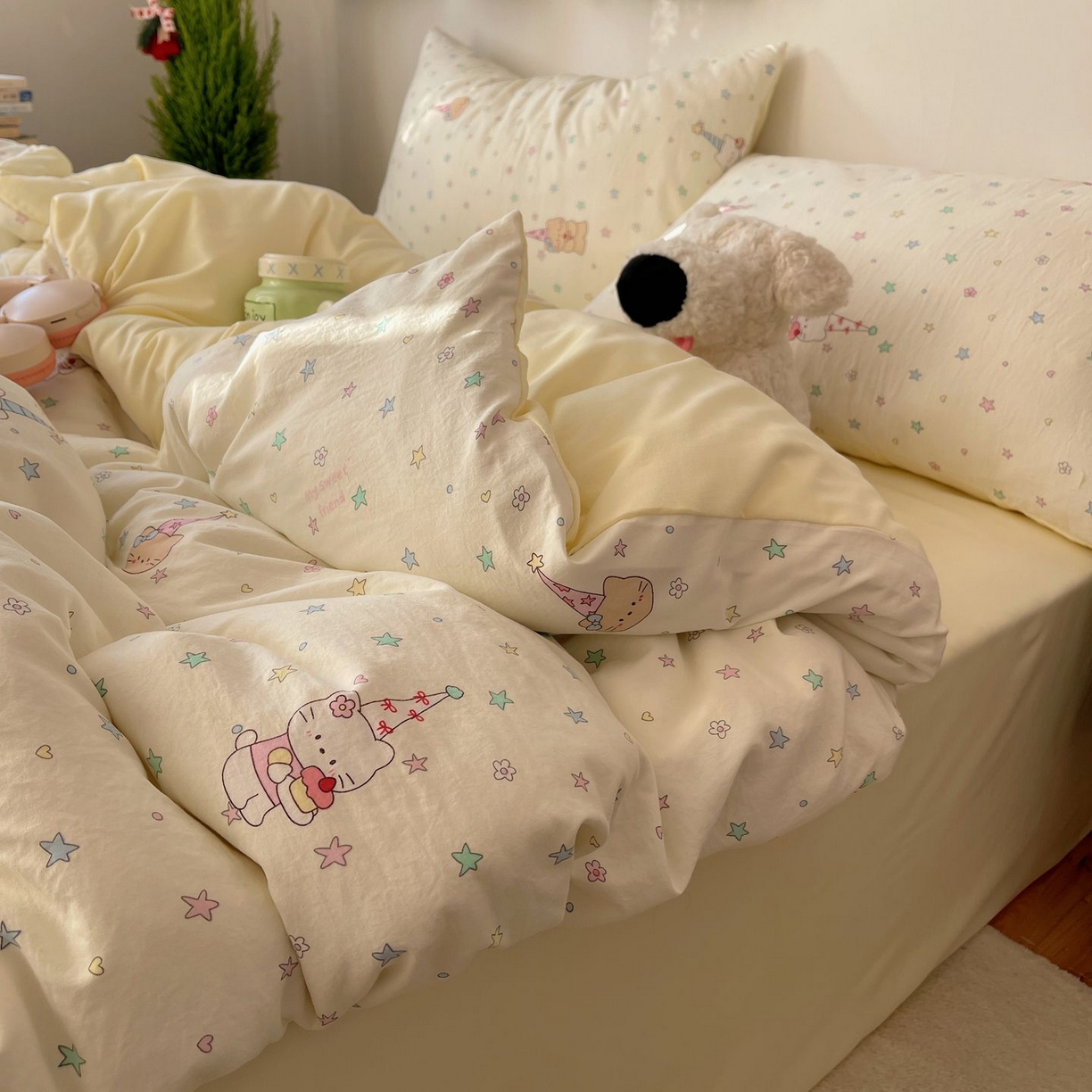 91家纺网 家纺一手货源 找家纺 初念 2026新款A类小清新古法简约水洗棉四件套 礼帽小猫