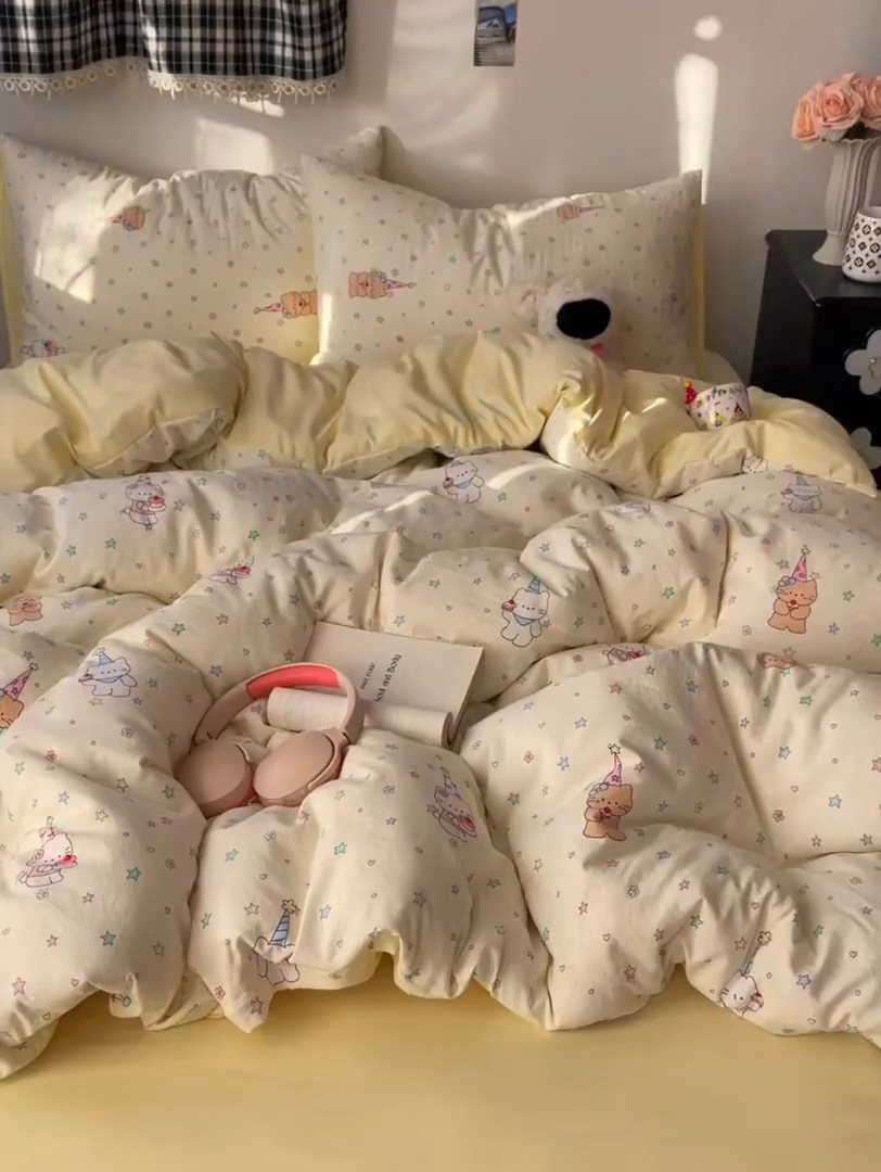 91家纺网 家纺一手货源 找家纺 初念 2026新款A类小清新古法简约水洗棉四件套 礼帽小猫