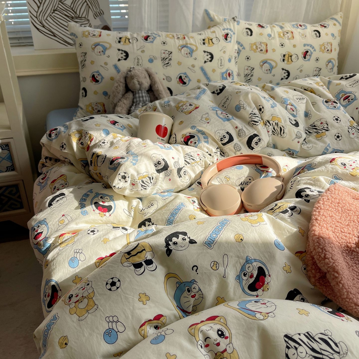 91家纺网 家纺一手货源 找家纺 初念 2026新款A类小清新古法简约水洗棉四件套 萌萌小叮当