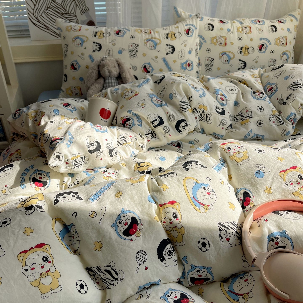 91家纺网 家纺一手货源 找家纺 初念 2026新款A类小清新古法简约水洗棉四件套 萌萌小叮当