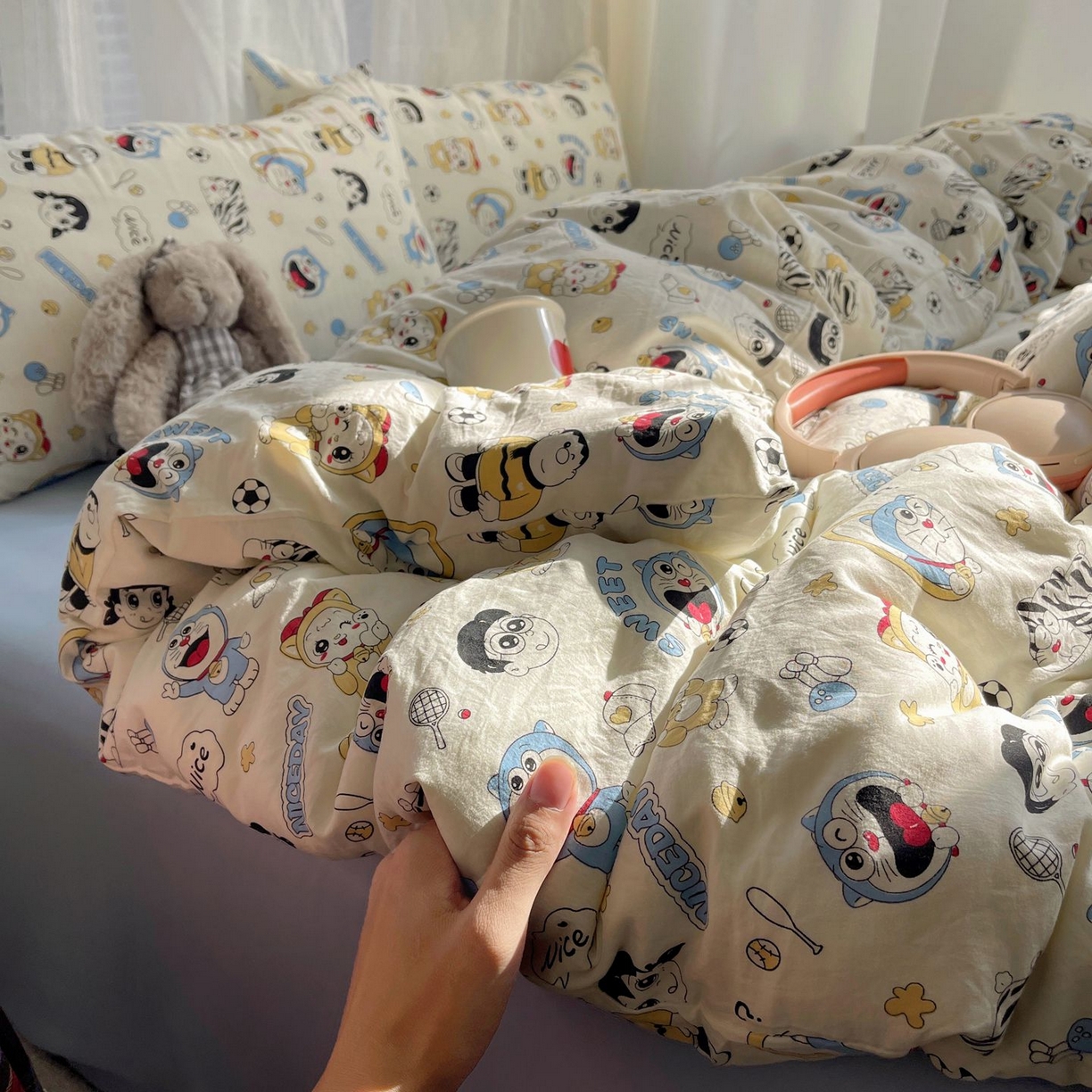 91家纺网 家纺一手货源 找家纺 初念 2026新款A类小清新古法简约水洗棉四件套 萌萌小叮当