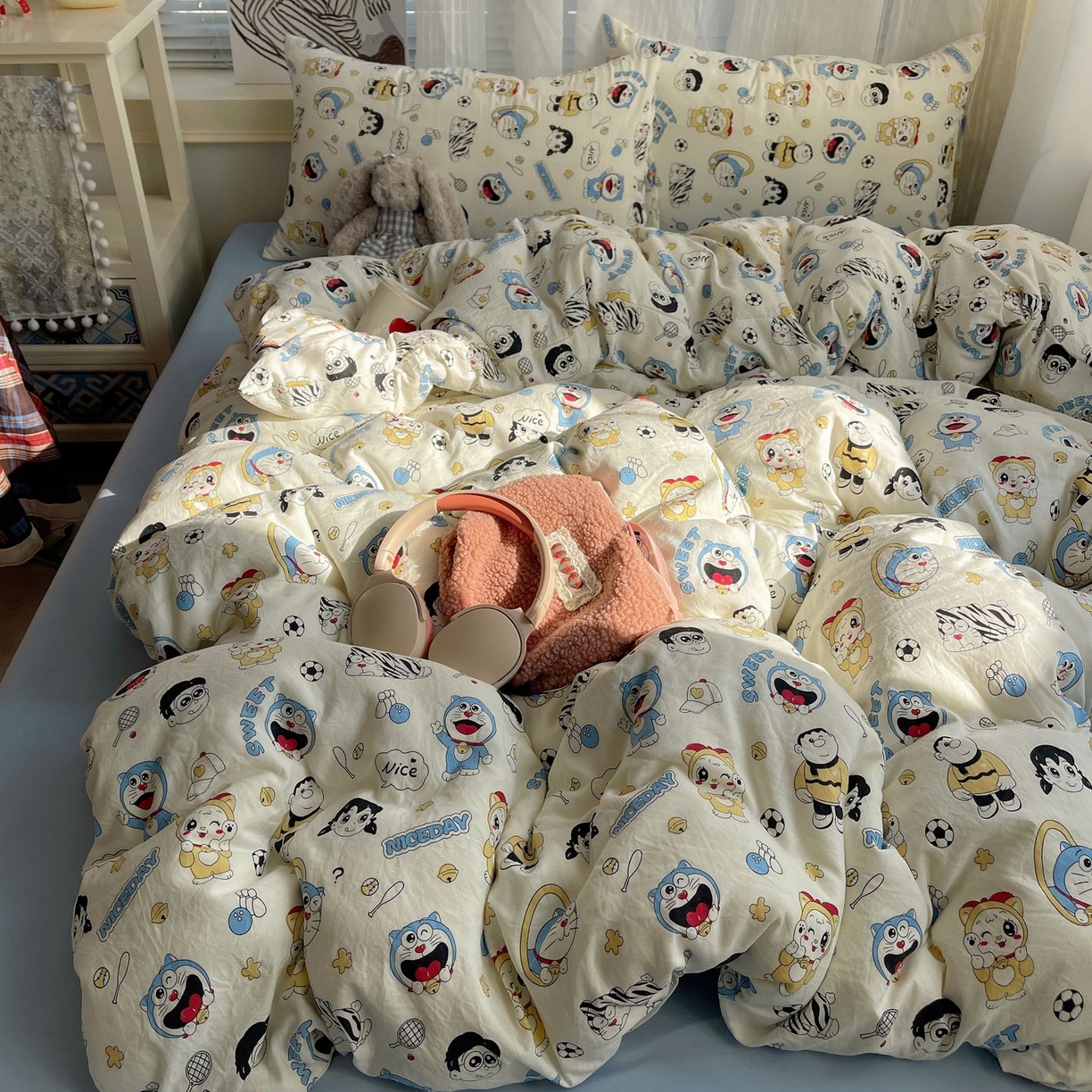 91家纺网 家纺一手货源 找家纺 初念 2026新款A类小清新古法简约水洗棉四件套 萌萌小叮当