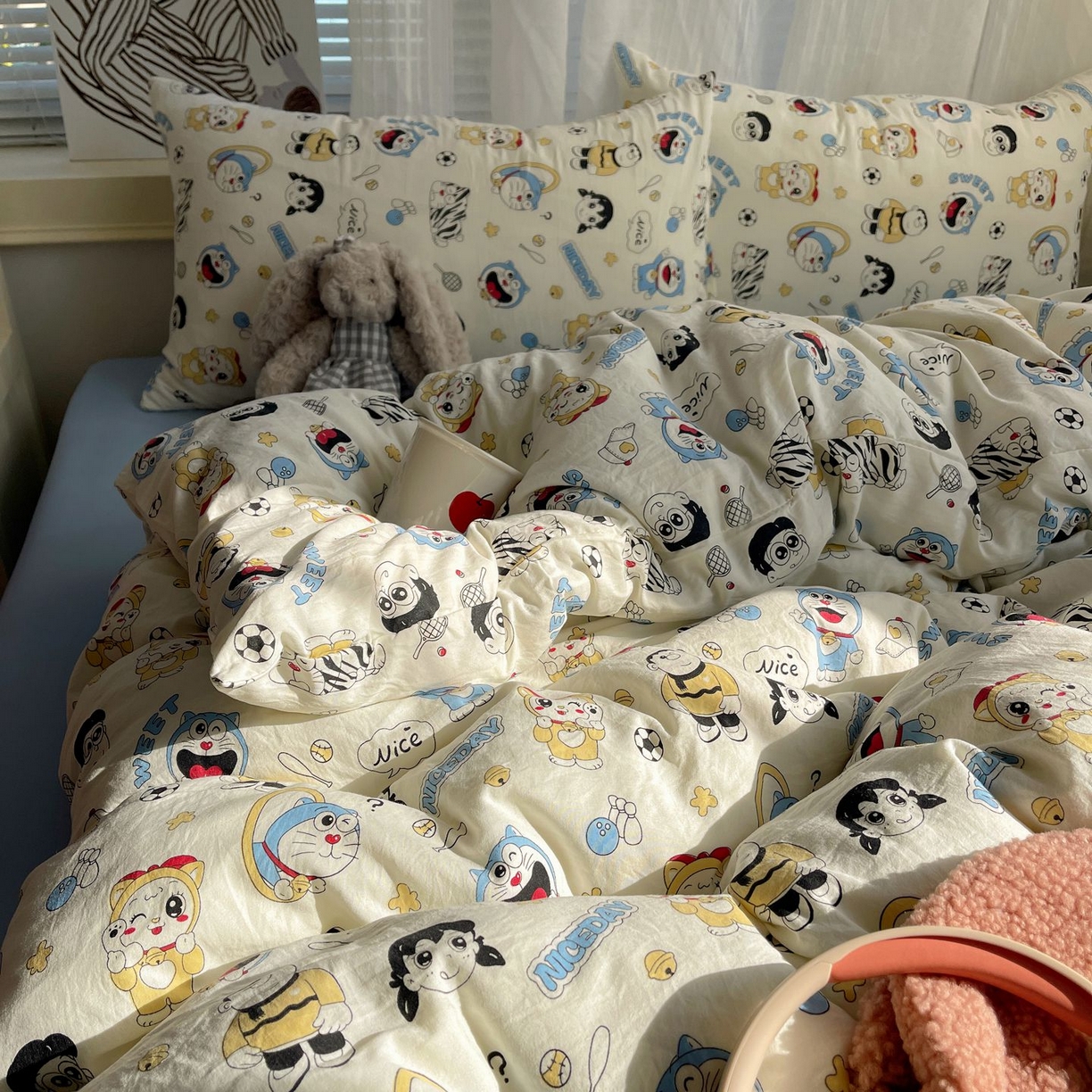 91家纺网 家纺一手货源 找家纺 初念 2026新款A类小清新古法简约水洗棉四件套 萌萌小叮当