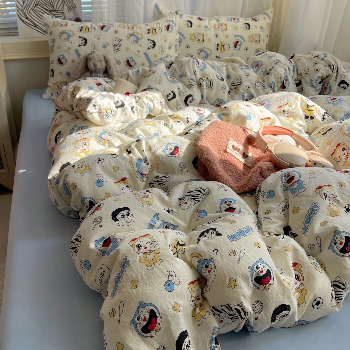 91家纺网 家纺一手货源 找家纺 初念 2026新款A类小清新古法简约水洗棉四件套 萌萌小叮当