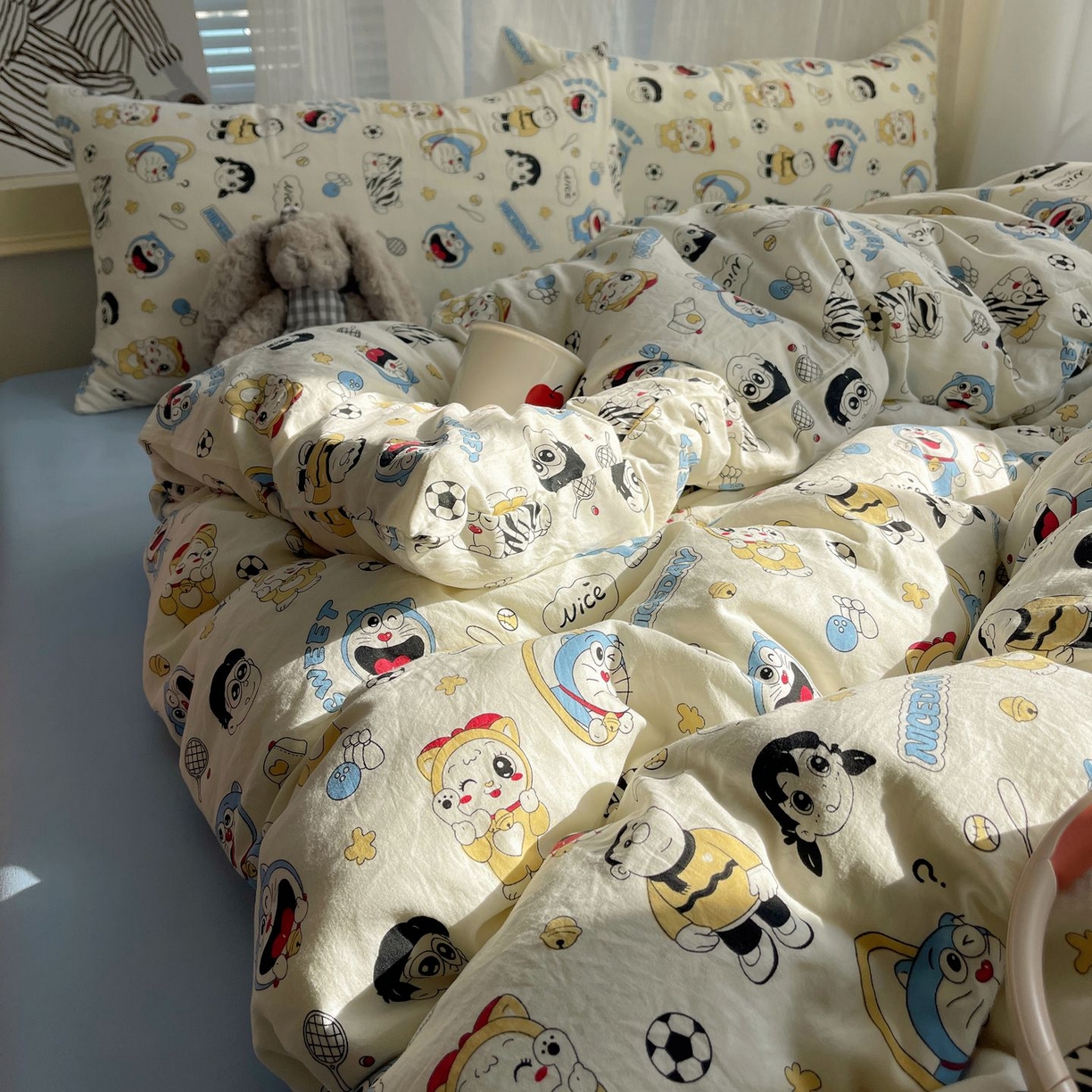 91家纺网 家纺一手货源 找家纺 初念 2026新款A类小清新古法简约水洗棉四件套 萌萌小叮当