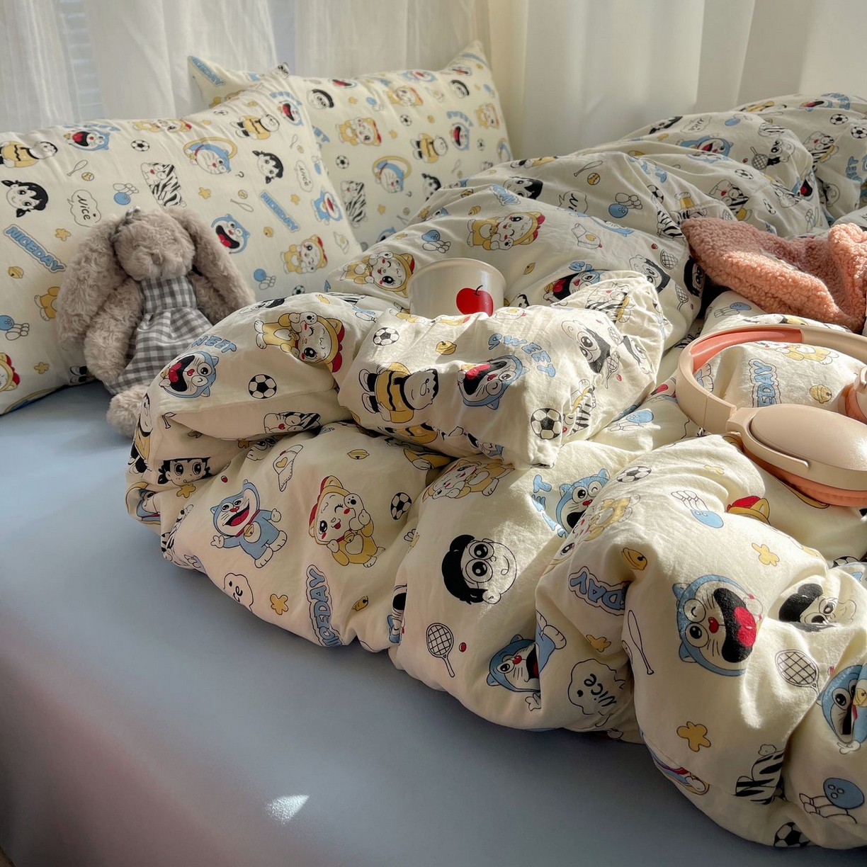 91家纺网 家纺一手货源 找家纺 初念 2026新款A类小清新古法简约水洗棉四件套 萌萌小叮当