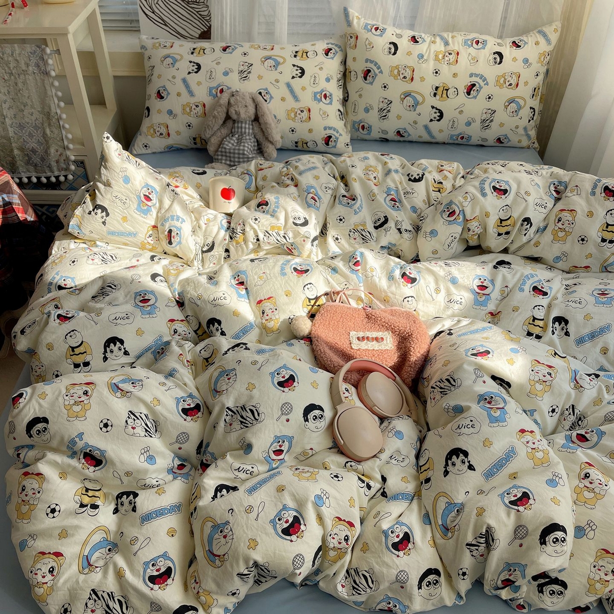 91家纺网 家纺一手货源 找家纺 初念 2026新款A类小清新古法简约水洗棉四件套 萌萌小叮当