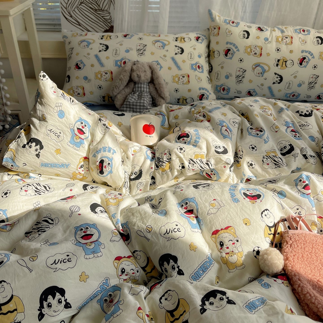 91家纺网 家纺一手货源 找家纺 初念 2026新款A类小清新古法简约水洗棉四件套 萌萌小叮当