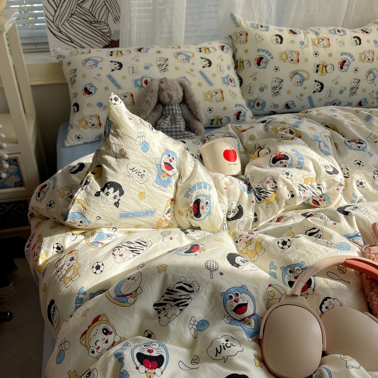 91家纺网 家纺一手货源 找家纺 初念 2026新款A类小清新古法简约水洗棉四件套 萌萌小叮当