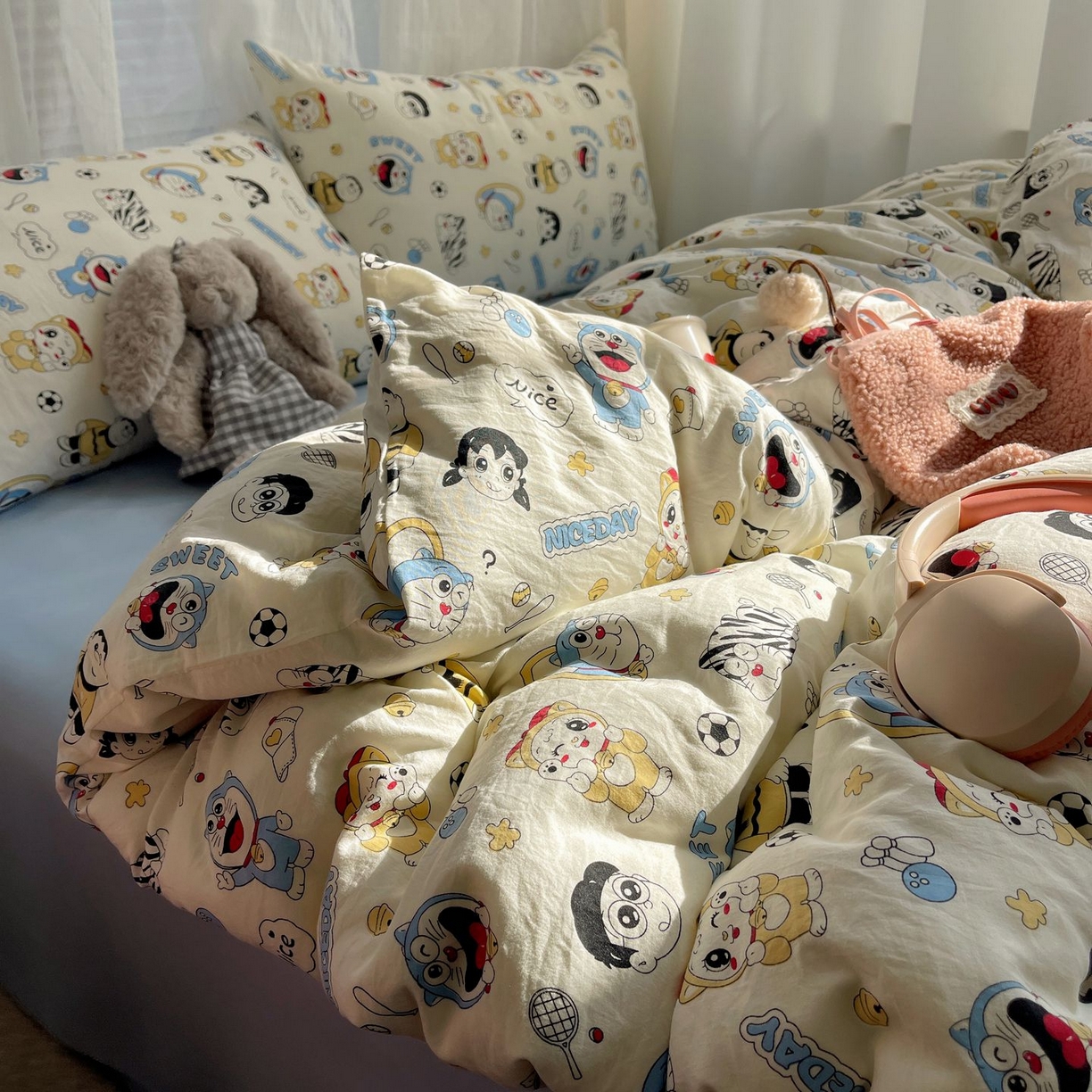 91家纺网 家纺一手货源 找家纺 初念 2026新款A类小清新古法简约水洗棉四件套 萌萌小叮当