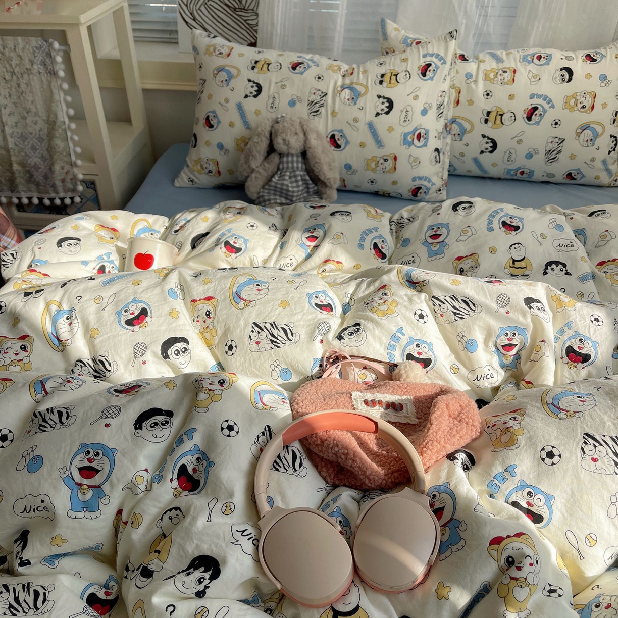 91家纺网 家纺一手货源 找家纺 初念 2026新款A类小清新古法简约水洗棉四件套 萌萌小叮当