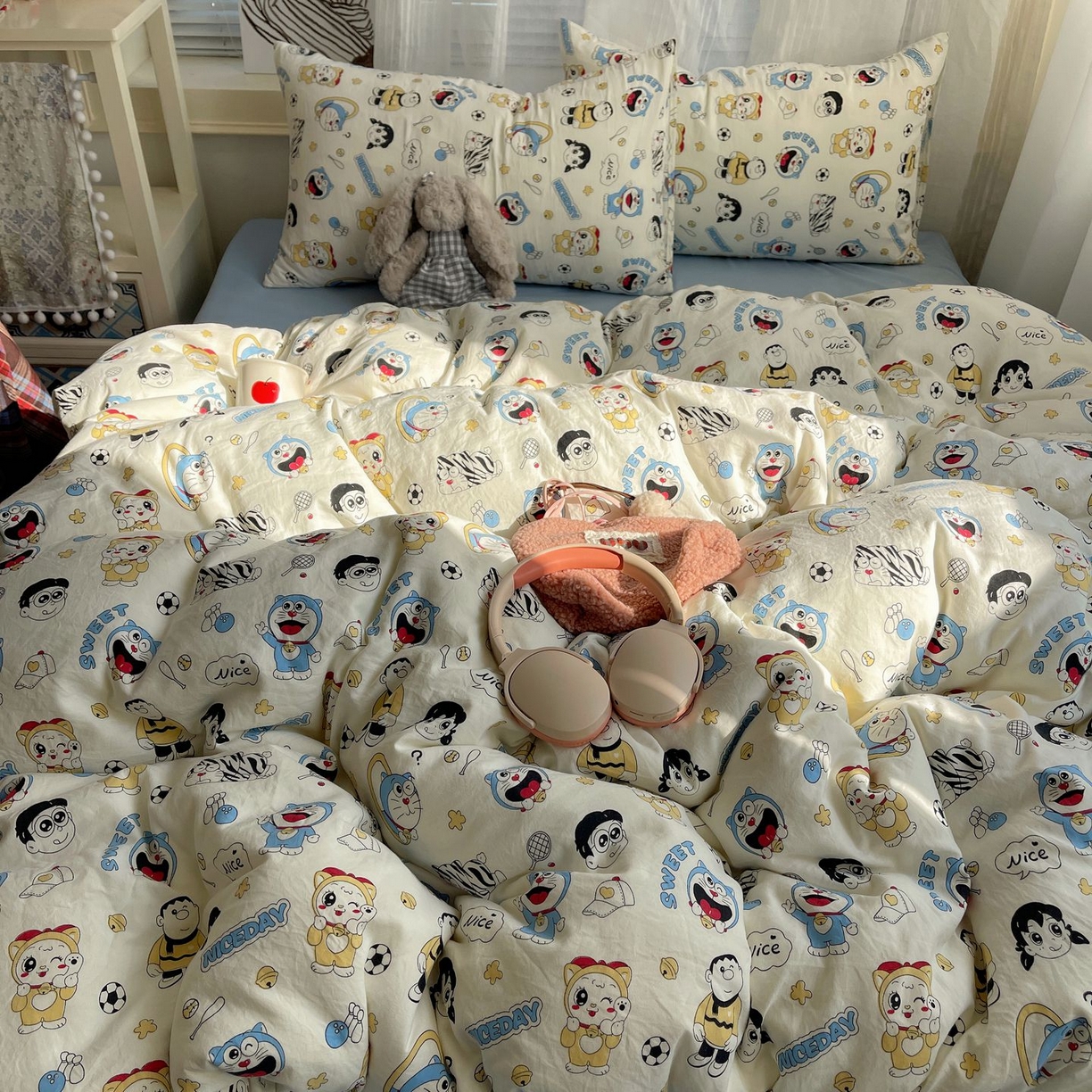 91家纺网 家纺一手货源 找家纺 初念 2026新款A类小清新古法简约水洗棉四件套 萌萌小叮当