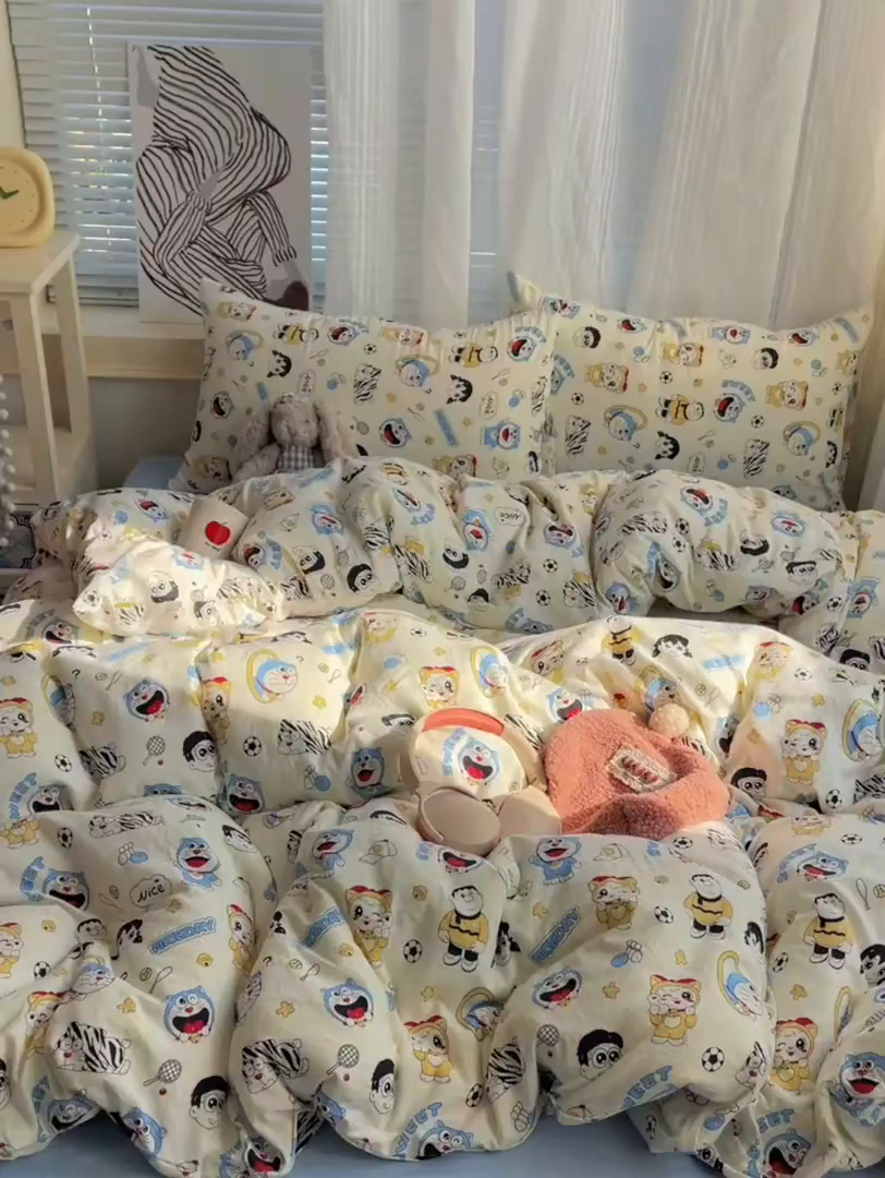 91家纺网 家纺一手货源 找家纺 初念 2026新款A类小清新古法简约水洗棉四件套 萌萌小叮当