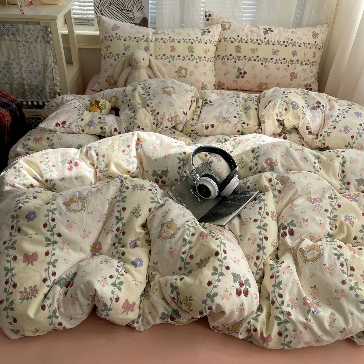 91家纺网 家纺一手货源 找家纺 初念 2026新款A类小清新古法简约水洗棉四件套 奶味圆饼