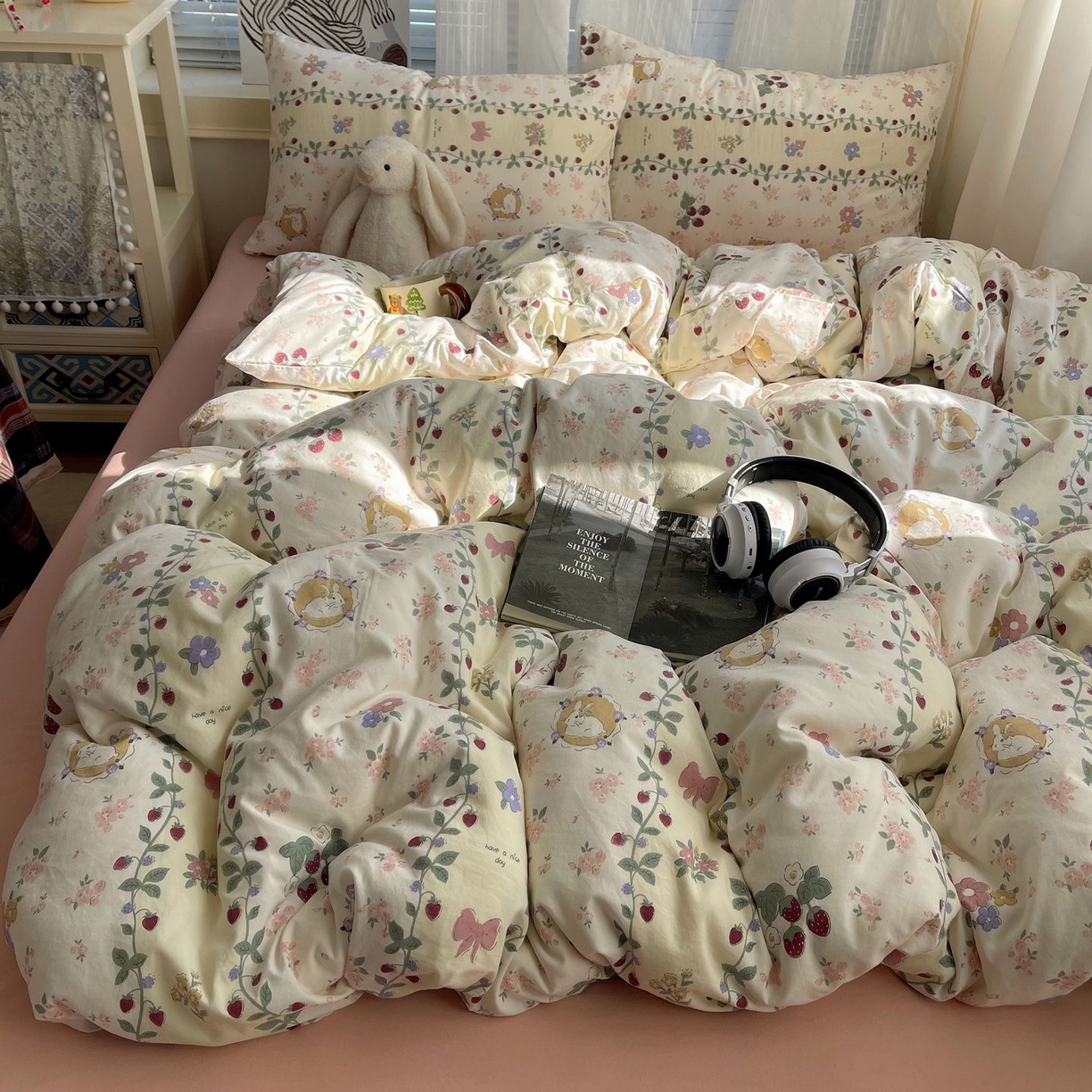 91家纺网 家纺一手货源 找家纺 初念 2026新款A类小清新古法简约水洗棉四件套 奶味圆饼