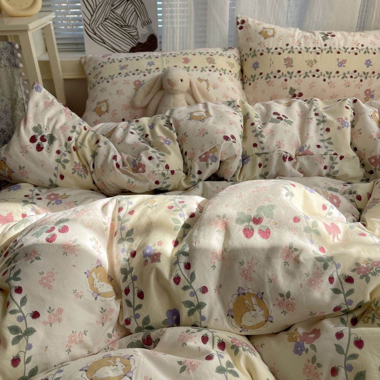 91家纺网 家纺一手货源 找家纺 初念 2026新款A类小清新古法简约水洗棉四件套 奶味圆饼