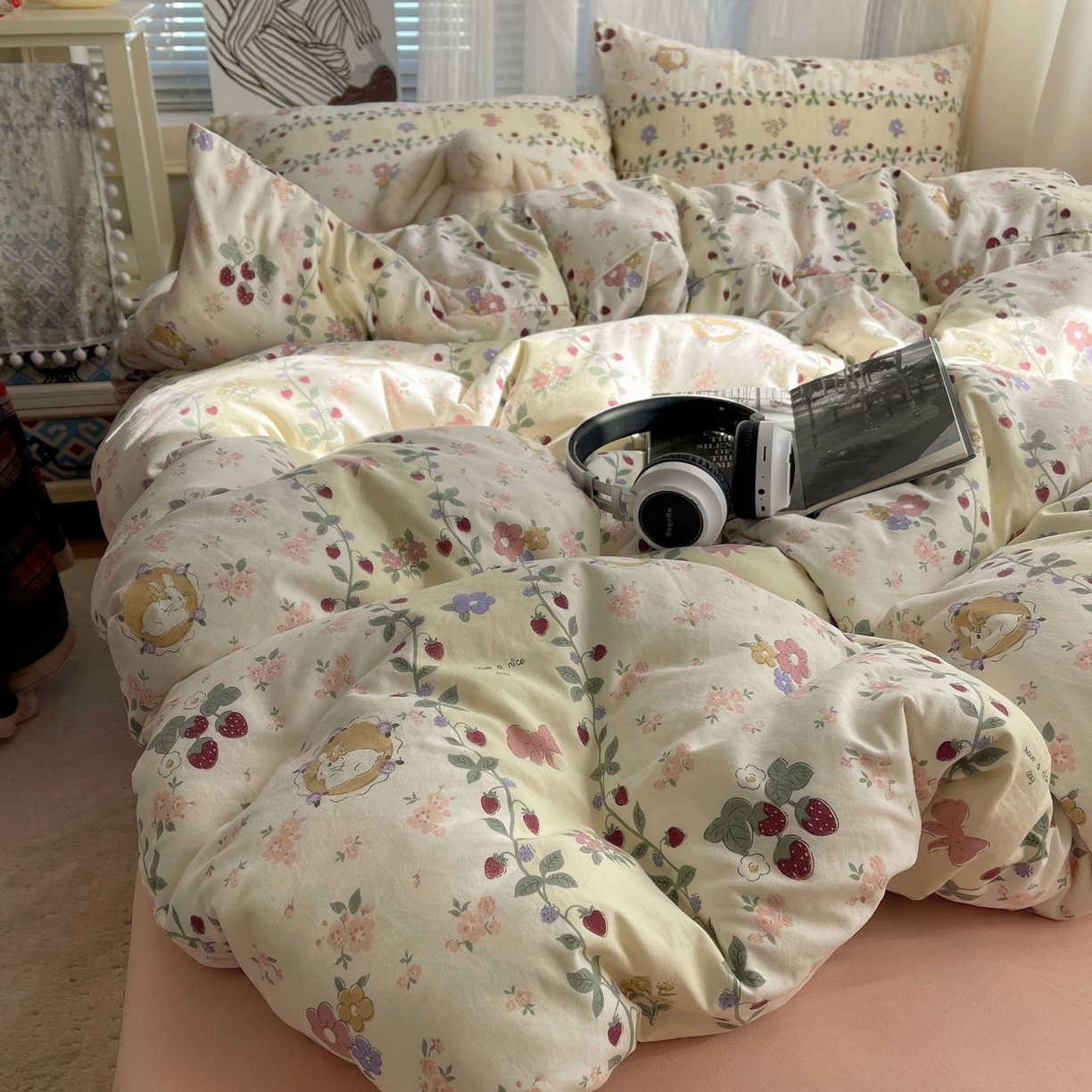 91家纺网 家纺一手货源 找家纺 初念 2026新款A类小清新古法简约水洗棉四件套 奶味圆饼