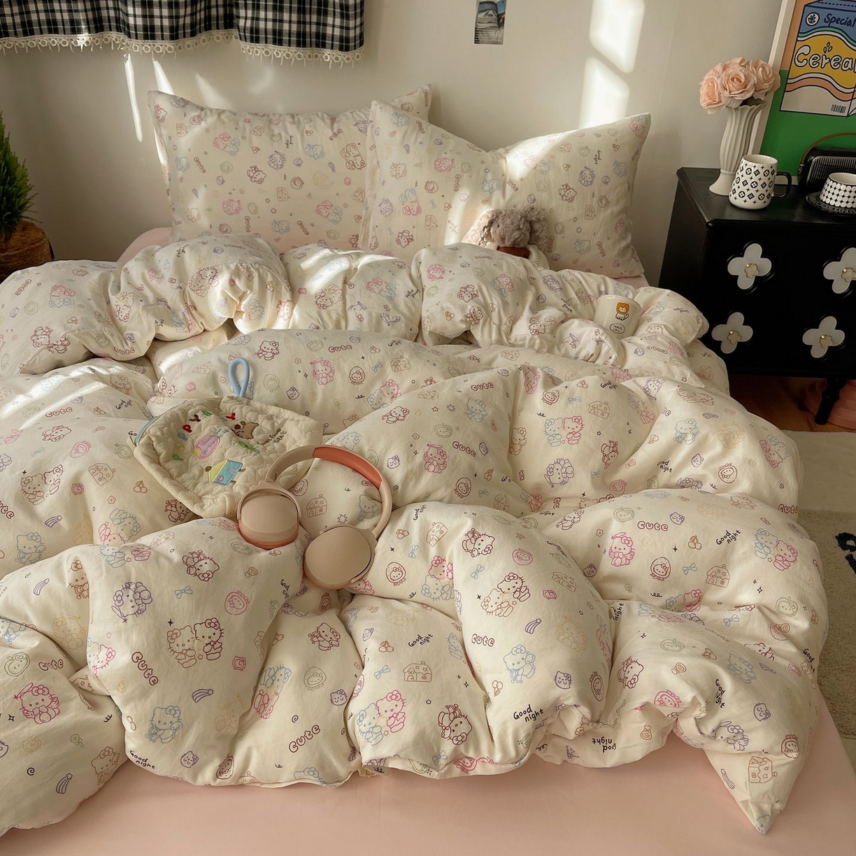 91家纺网 家纺一手货源 找家纺 初念 2026新款A类小清新古法简约水洗棉四件套 霓虹小猫