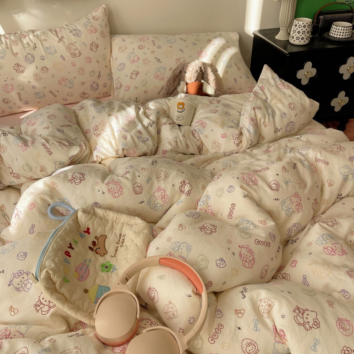 91家纺网 家纺一手货源 找家纺 初念 2026新款A类小清新古法简约水洗棉四件套 霓虹小猫