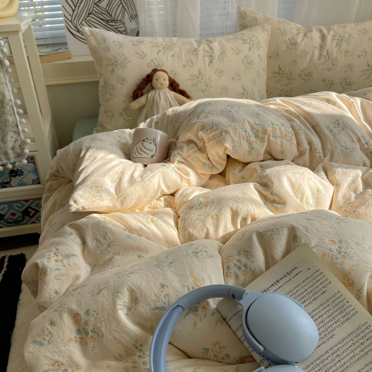 91家纺网 家纺一手货源 找家纺 初念 2026新款A类小清新古法简约水洗棉四件套 飘零