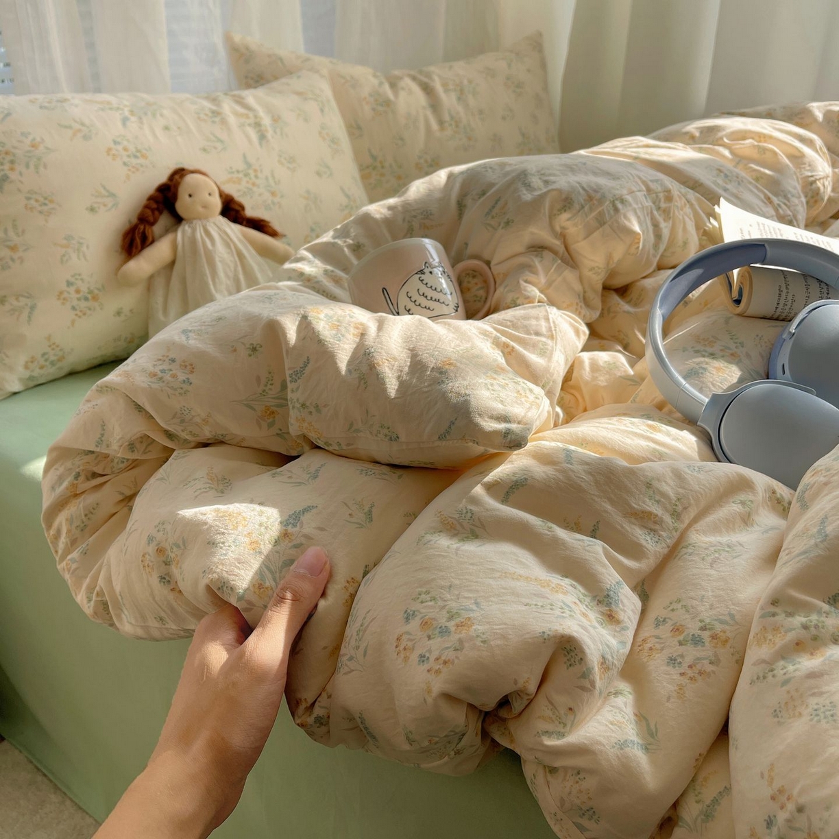 91家纺网 家纺一手货源 找家纺 初念 2026新款A类小清新古法简约水洗棉四件套 飘零