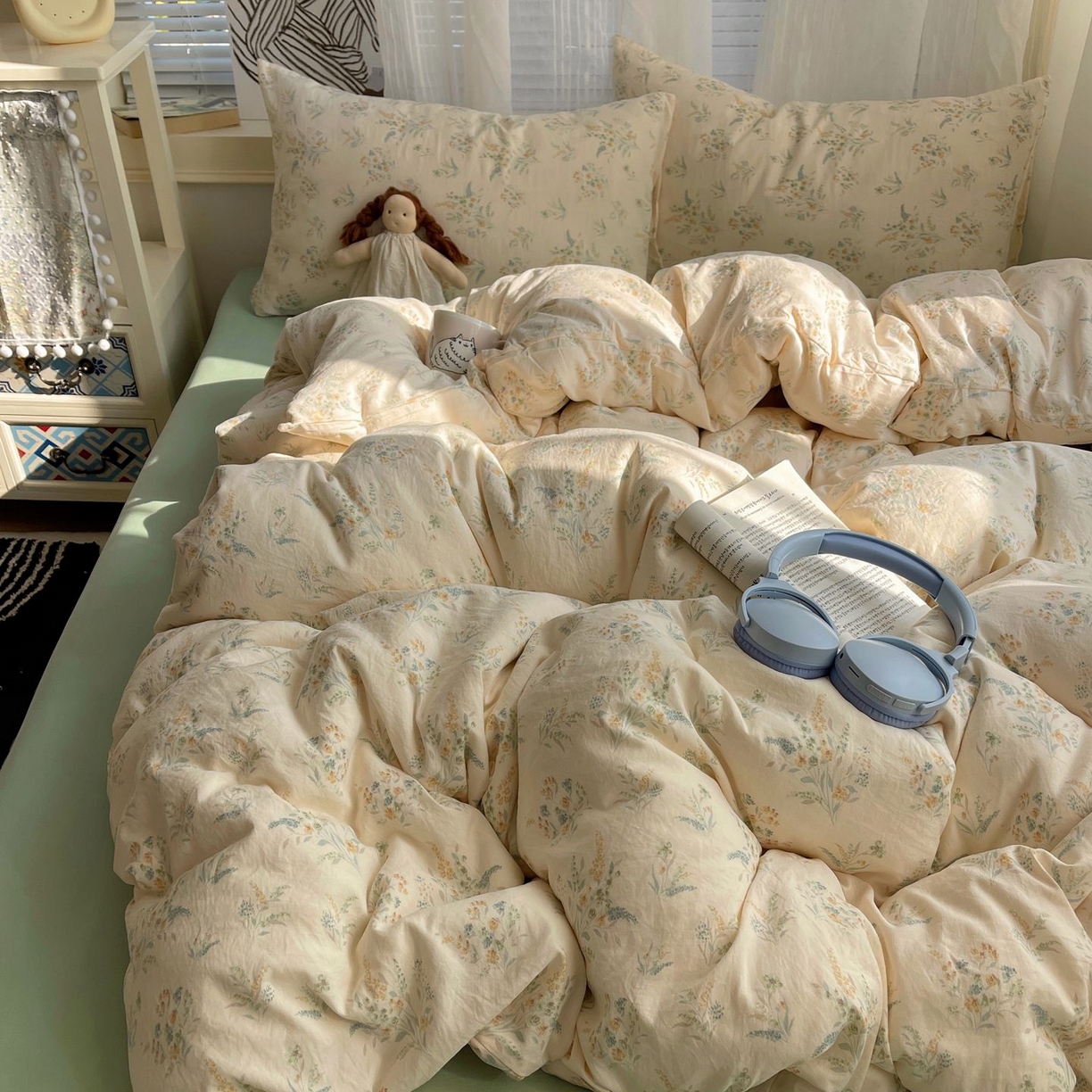 91家纺网 家纺一手货源 找家纺 初念 2026新款A类小清新古法简约水洗棉四件套 飘零