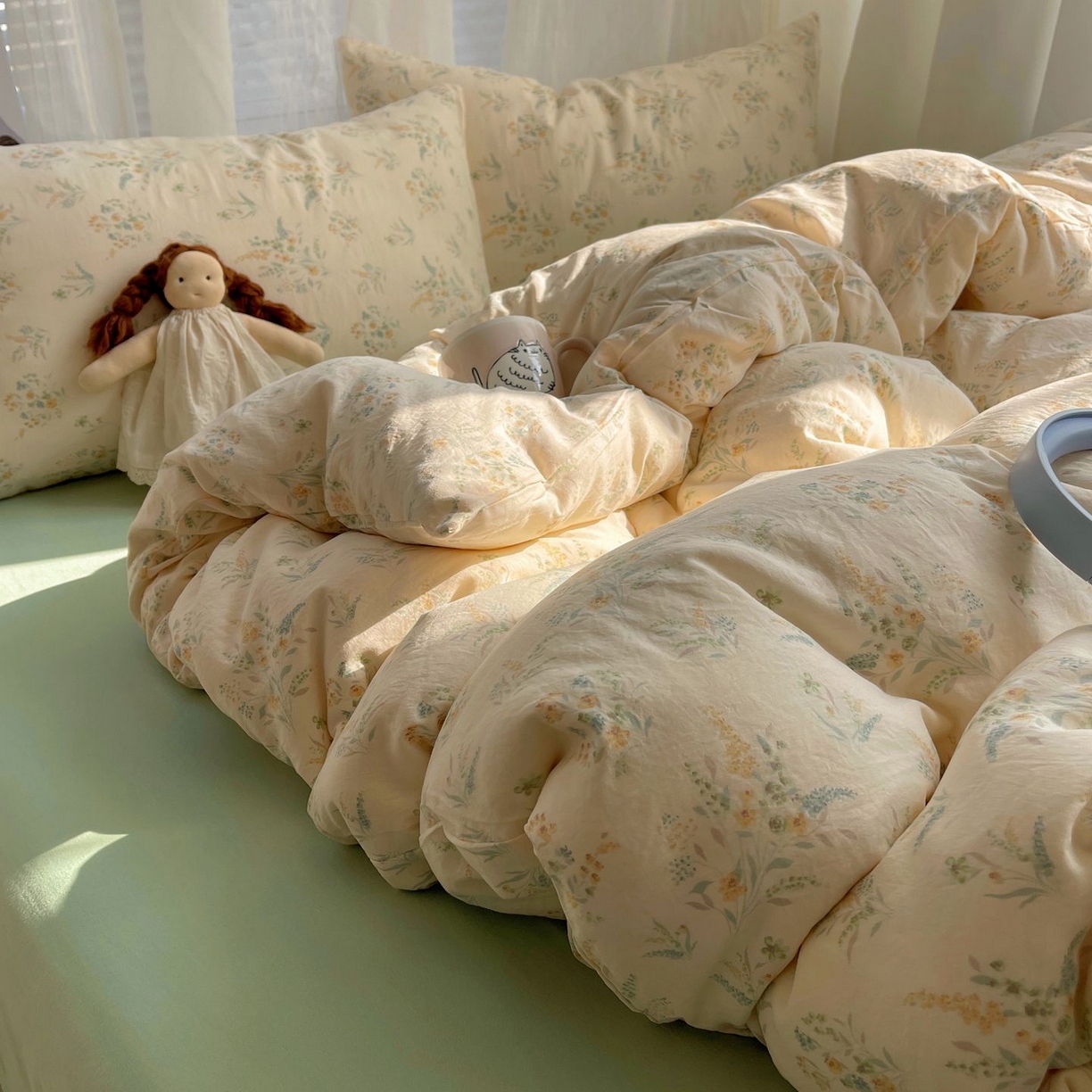 91家纺网 家纺一手货源 找家纺 初念 2026新款A类小清新古法简约水洗棉四件套 飘零