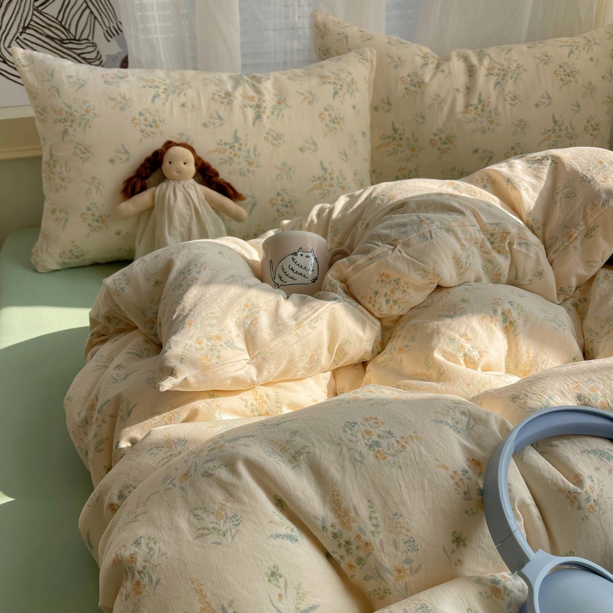 91家纺网 家纺一手货源 找家纺 初念 2026新款A类小清新古法简约水洗棉四件套 飘零