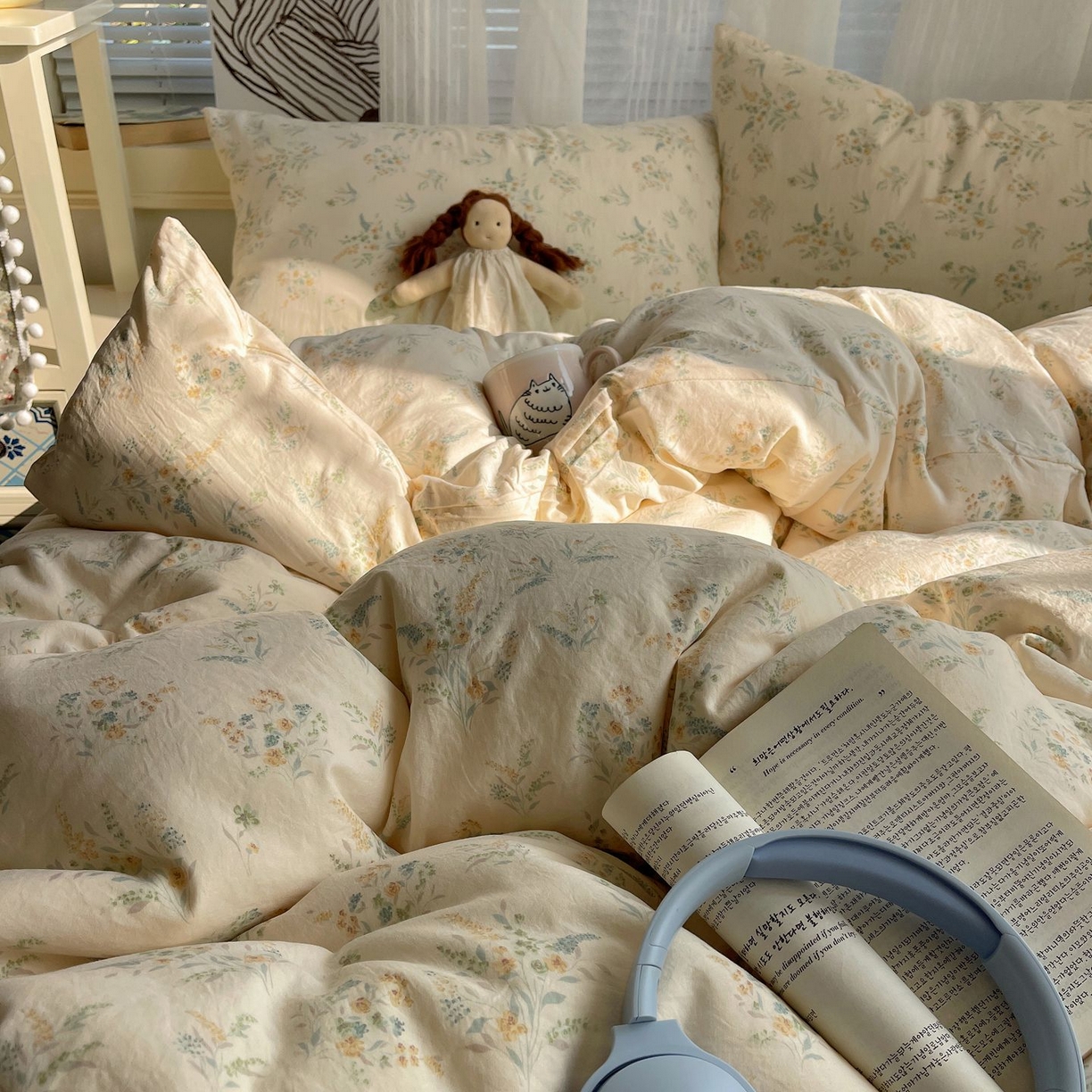 91家纺网 家纺一手货源 找家纺 初念 2026新款A类小清新古法简约水洗棉四件套 飘零