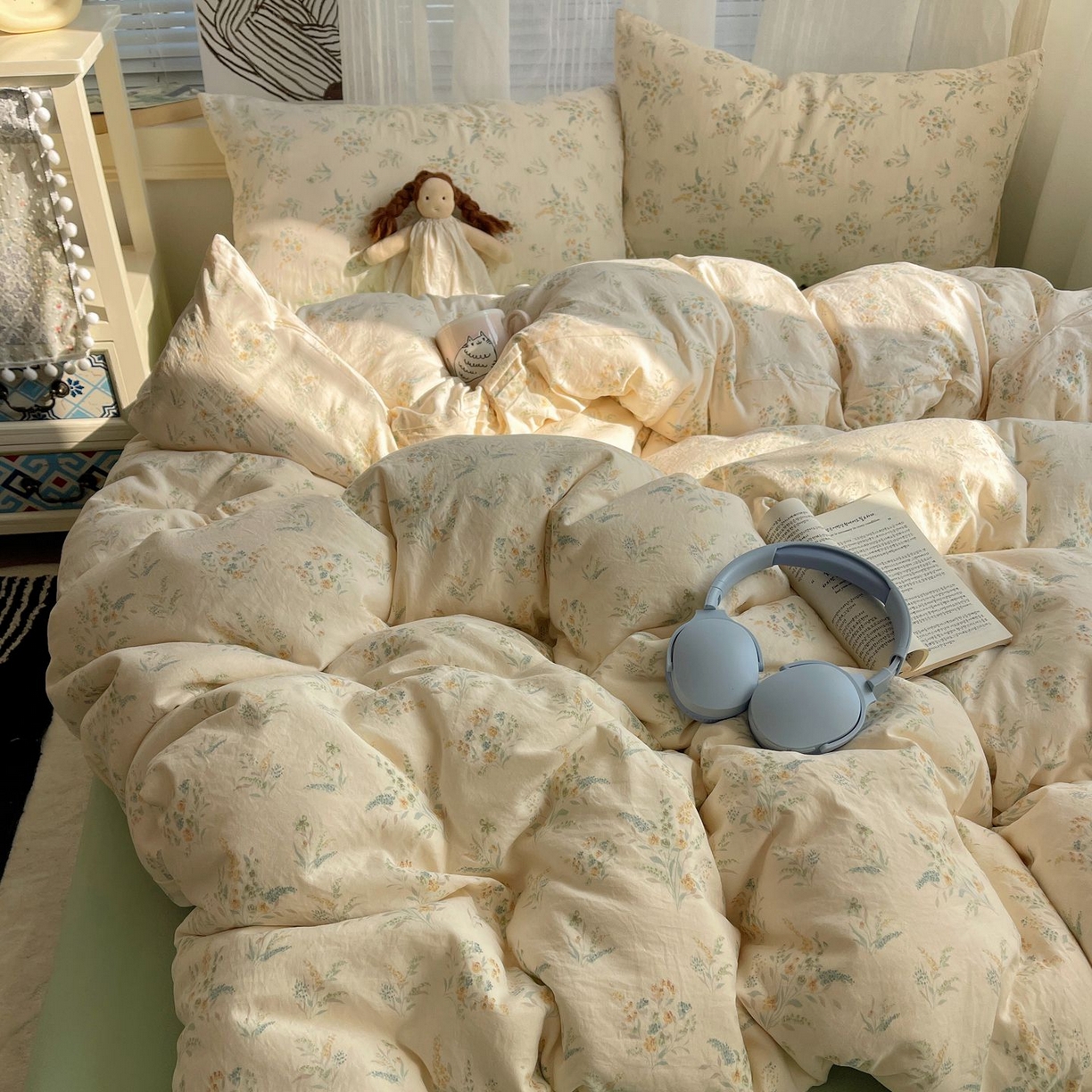 91家纺网 家纺一手货源 找家纺 初念 2026新款A类小清新古法简约水洗棉四件套 飘零