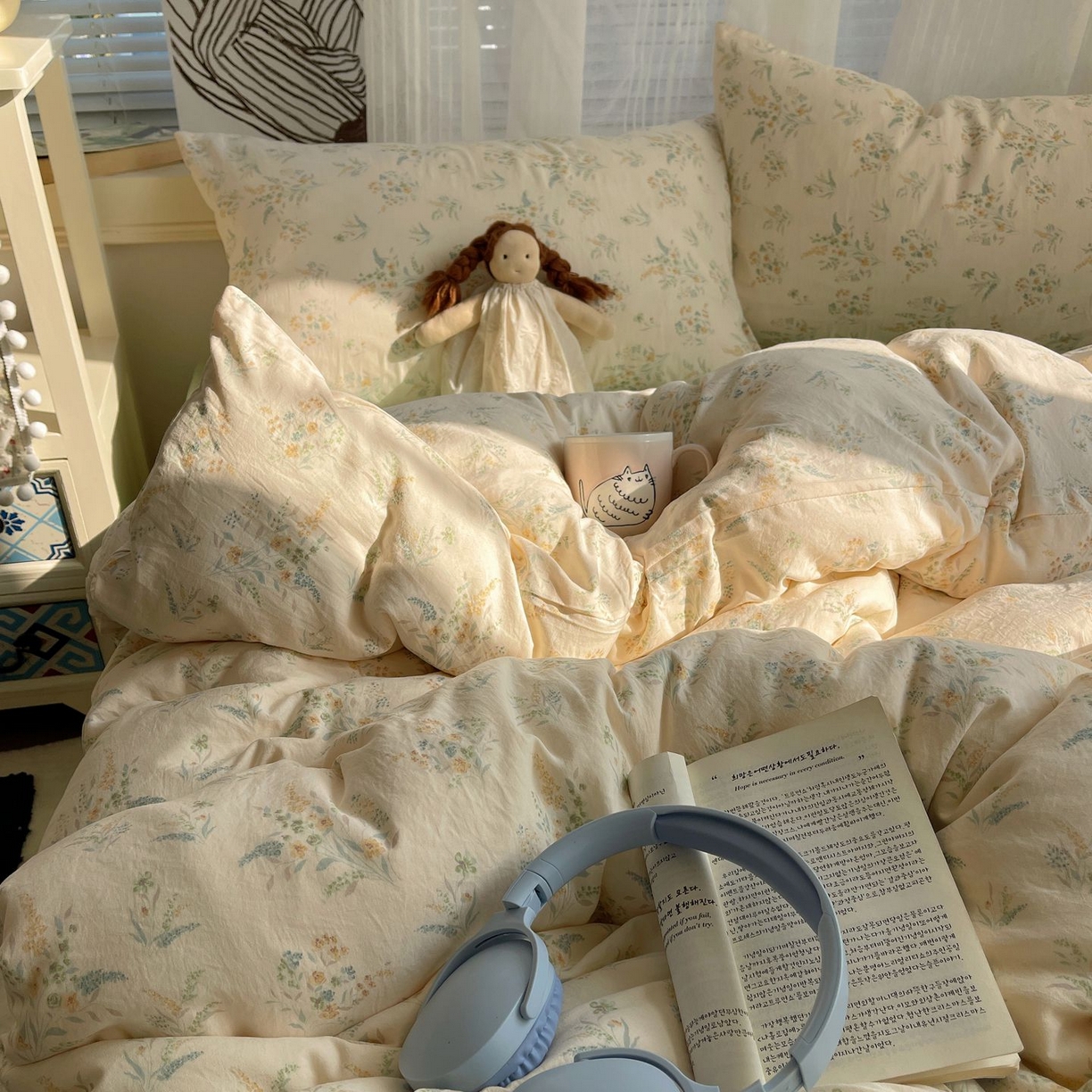 91家纺网 家纺一手货源 找家纺 初念 2026新款A类小清新古法简约水洗棉四件套 飘零