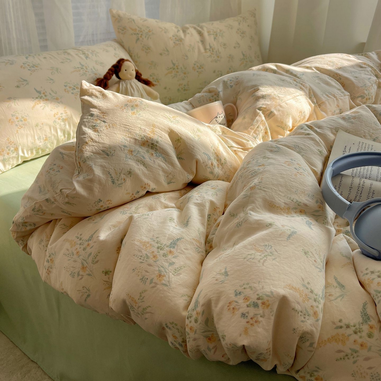 91家纺网 家纺一手货源 找家纺 初念 2026新款A类小清新古法简约水洗棉四件套 飘零