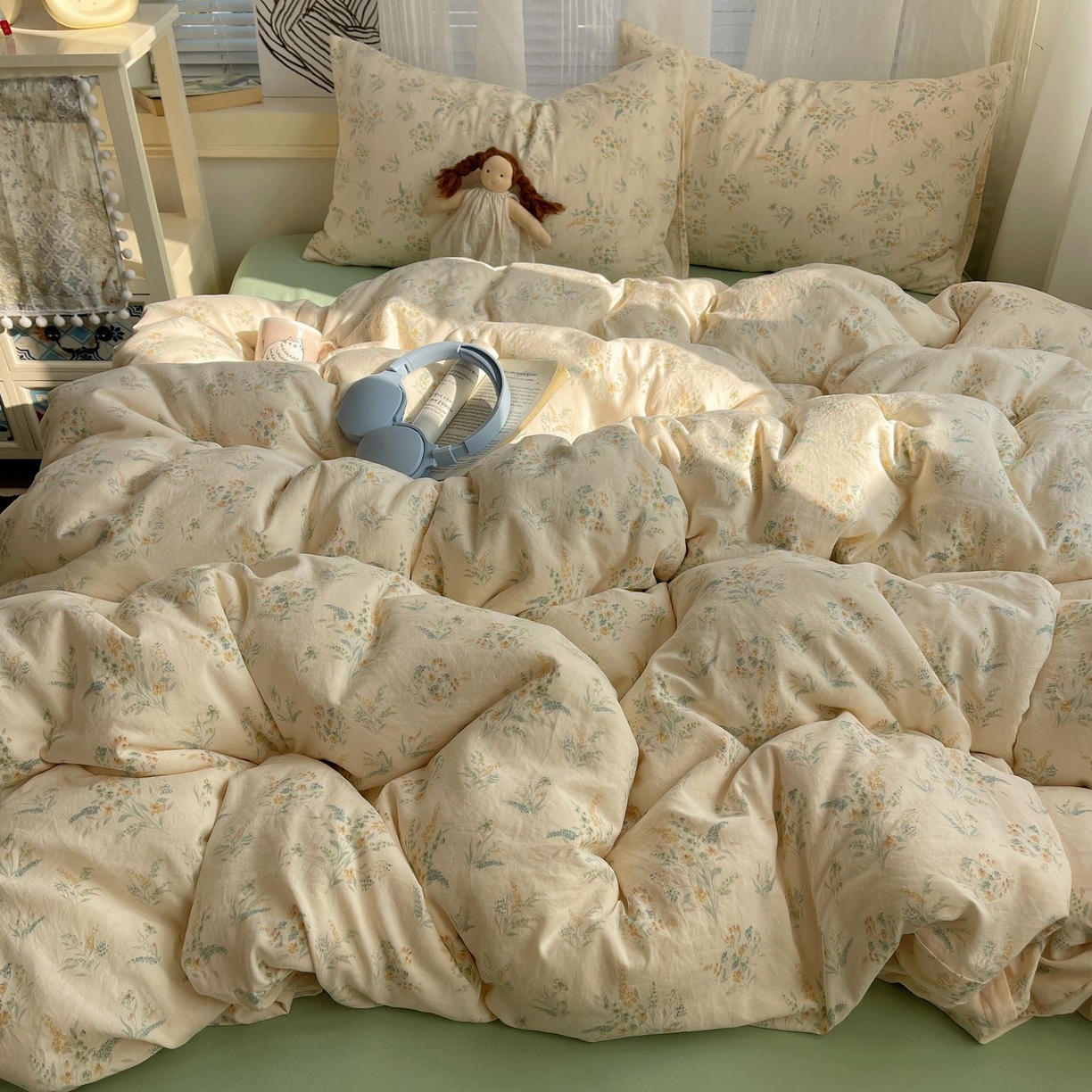 91家纺网 家纺一手货源 找家纺 初念 2026新款A类小清新古法简约水洗棉四件套 飘零