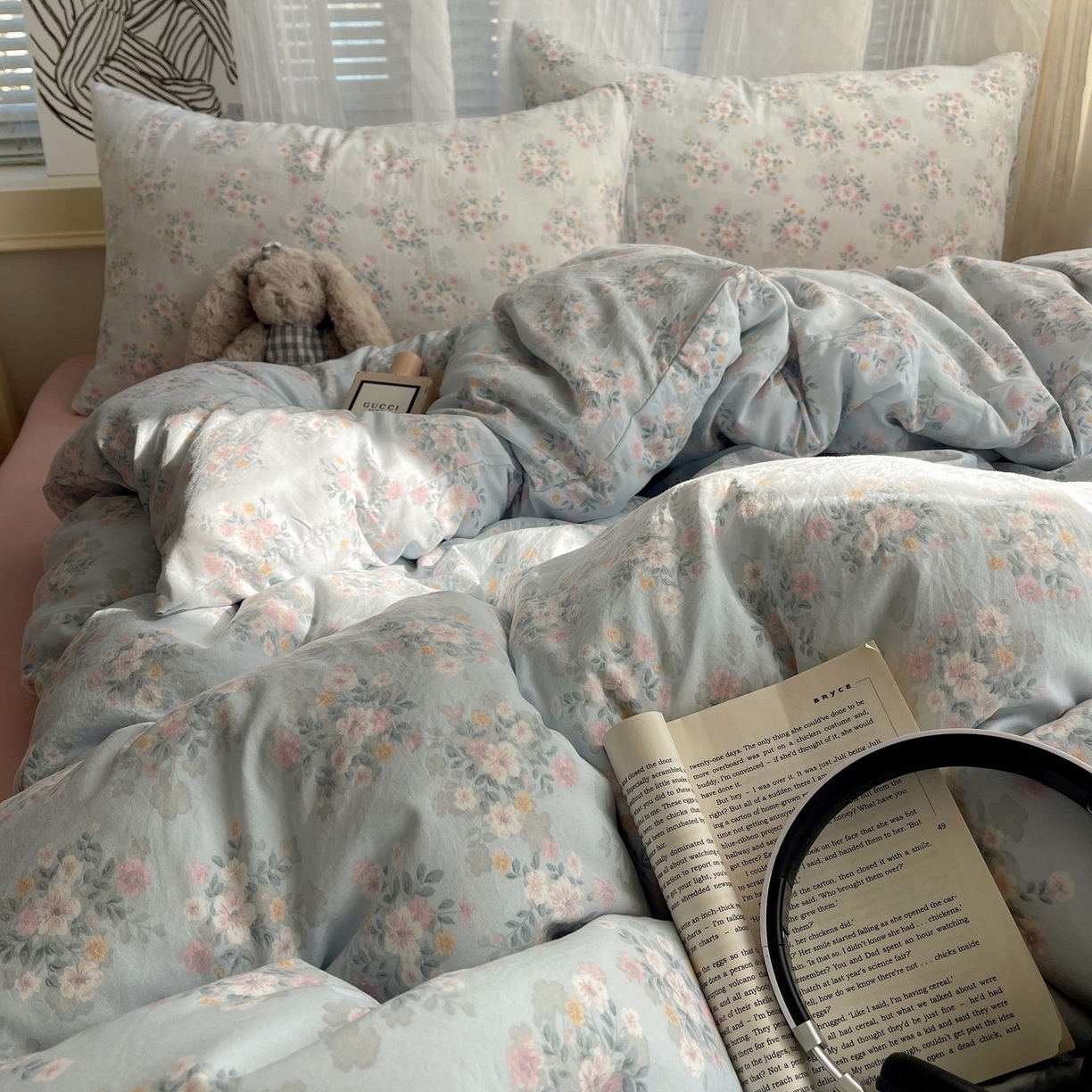 91家纺网 家纺一手货源 找家纺 初念 2026新款A类小清新古法简约水洗棉四件套 气泡蓝莓