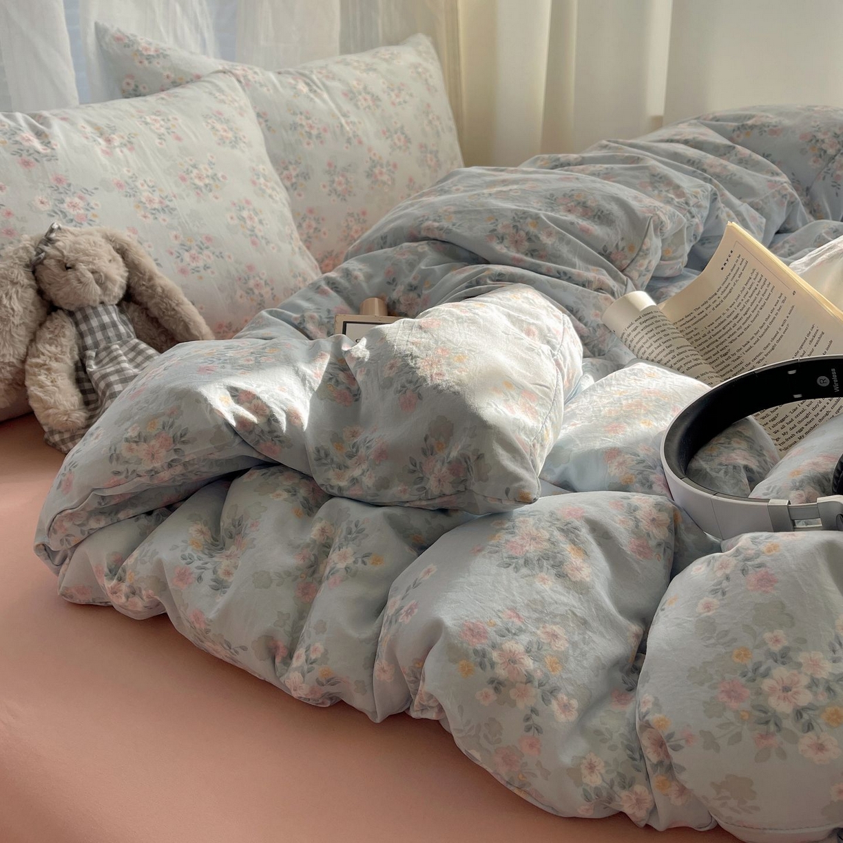 91家纺网 家纺一手货源 找家纺 初念 2026新款A类小清新古法简约水洗棉四件套 气泡蓝莓