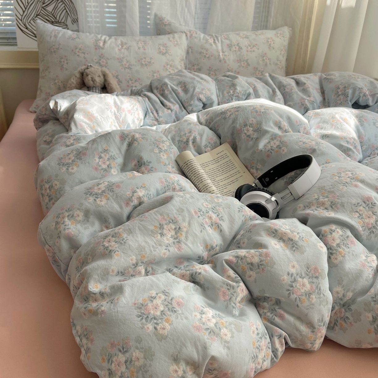 91家纺网 家纺一手货源 找家纺 初念 2026新款A类小清新古法简约水洗棉四件套 气泡蓝莓