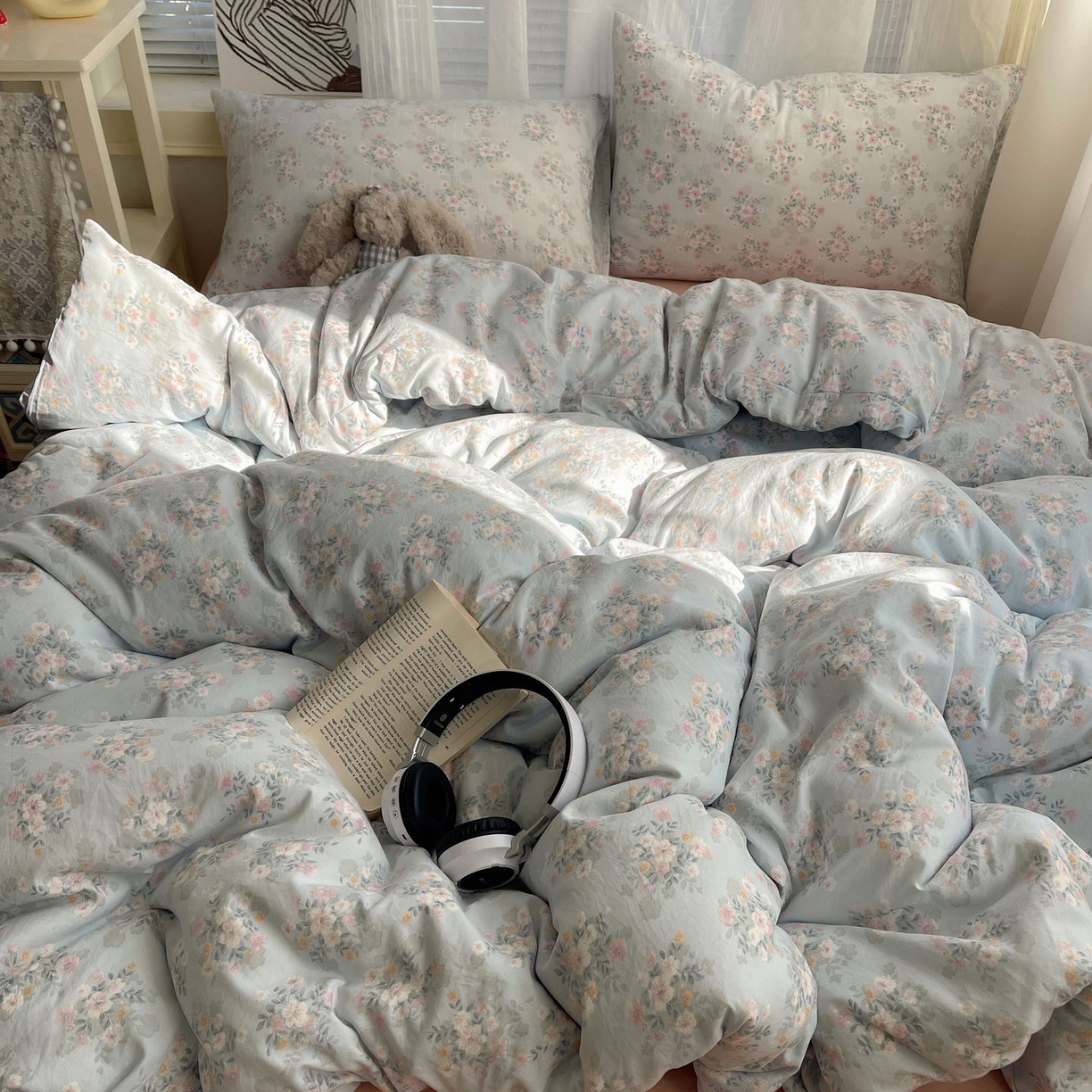 91家纺网 家纺一手货源 找家纺 初念 2026新款A类小清新古法简约水洗棉四件套 气泡蓝莓